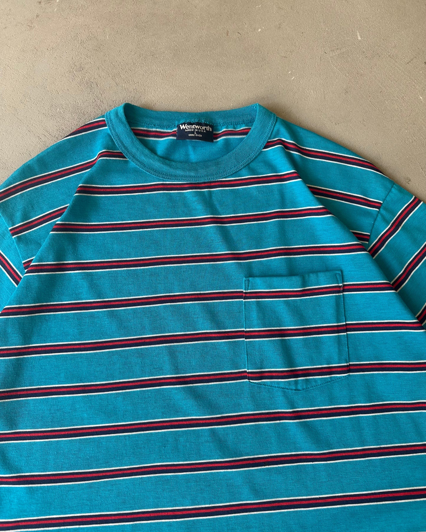 1980s - Blue/Red Striped Pocket T-Shirt - L