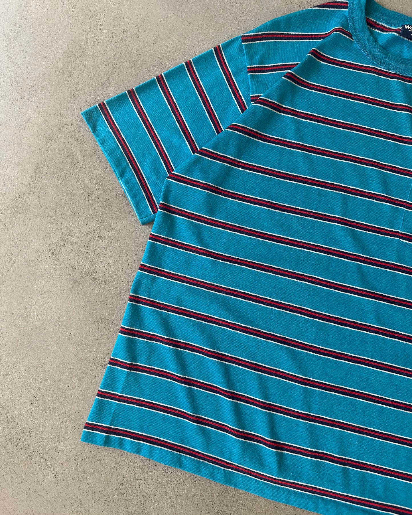1980s - Blue/Red Striped Pocket T-Shirt - L