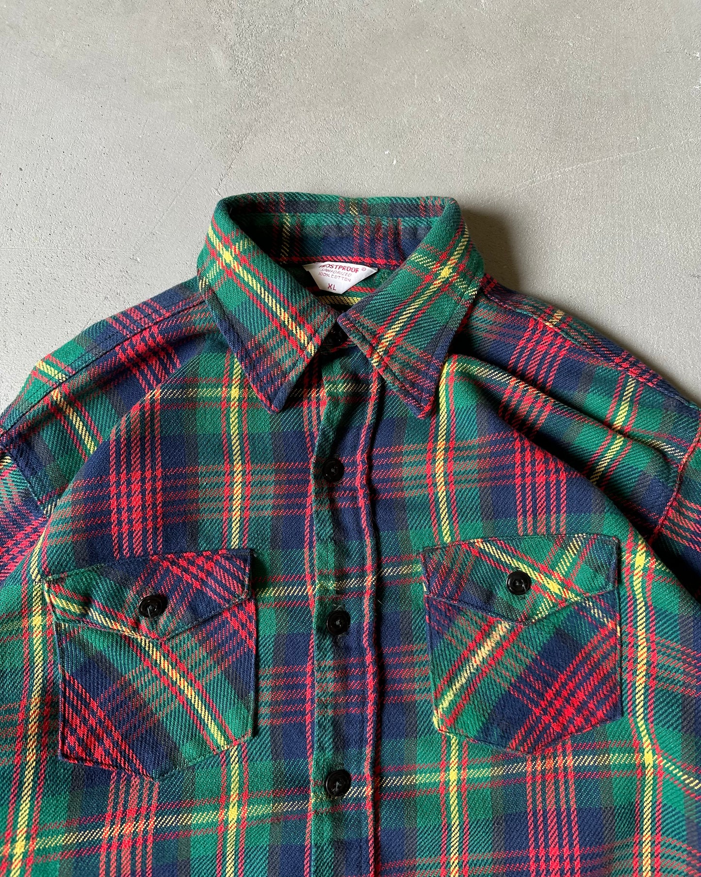 1980s - Distressed Green/Navy Frostproof Plaid Flannel - XL