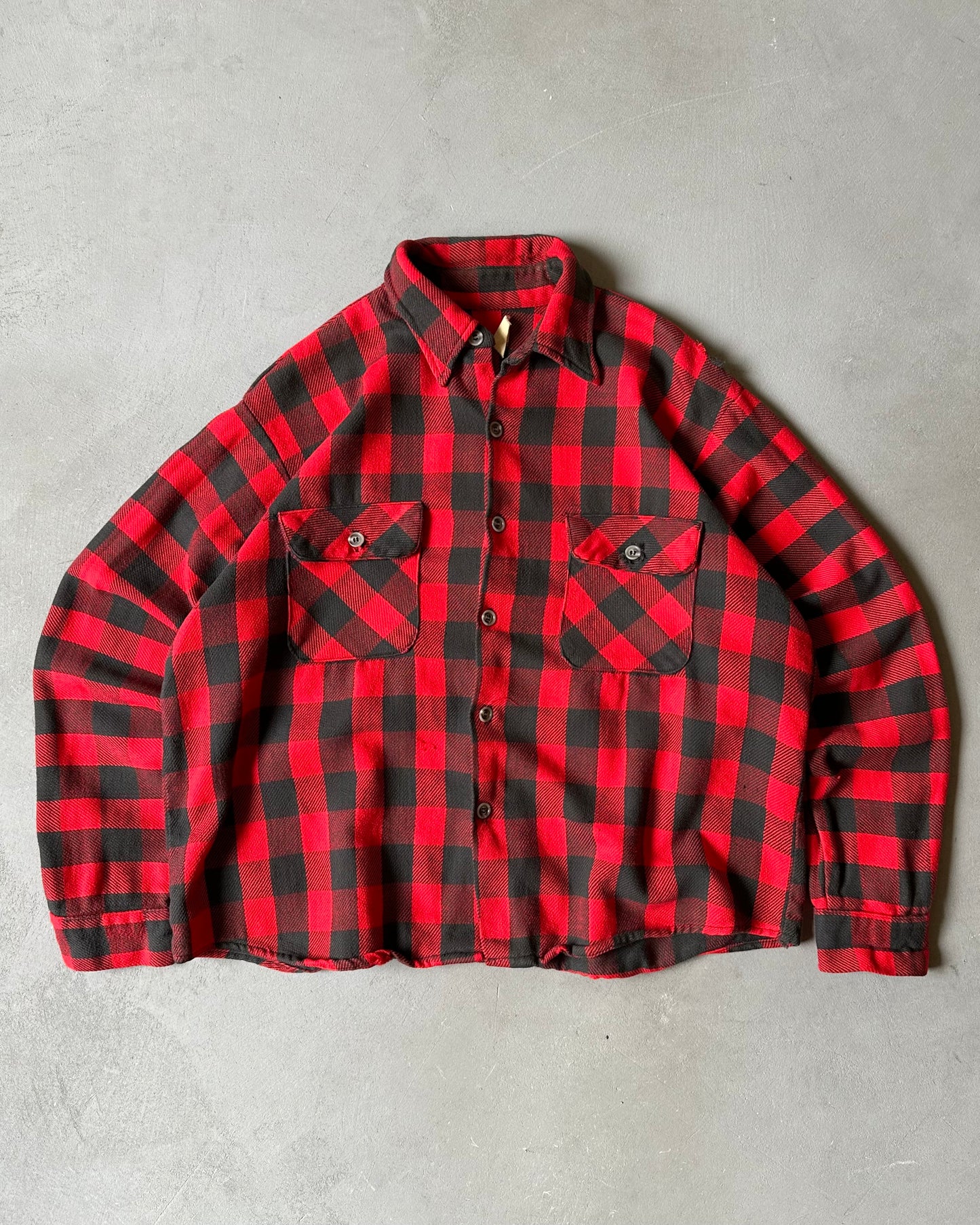 1970s - Distressed Red/Black Plaid Flannel - M