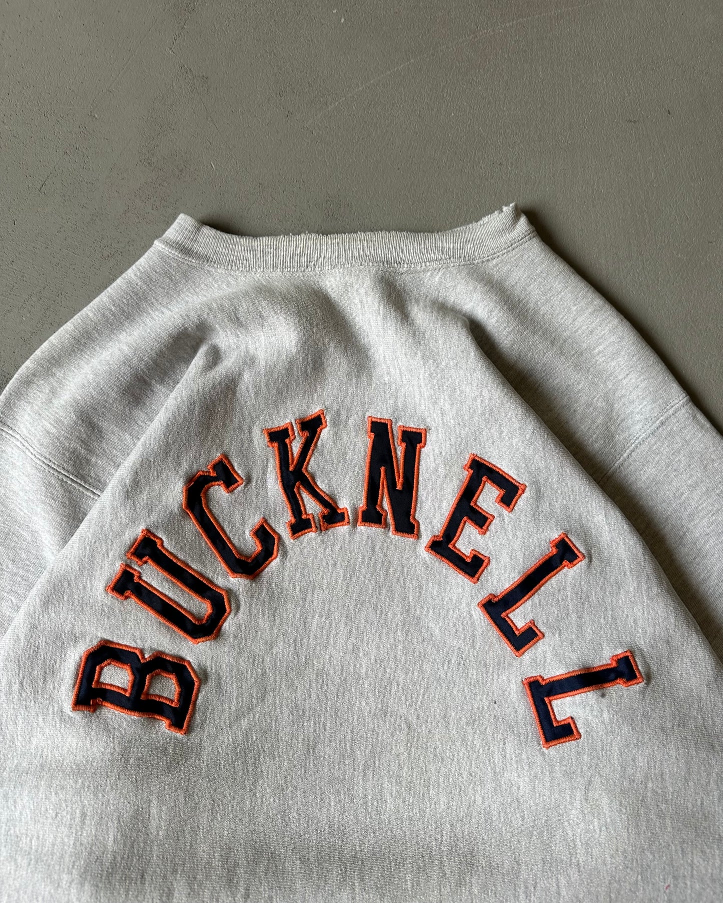 1990s - Distressed Ash Grey Bucknell Champion RW Crewneck - XL