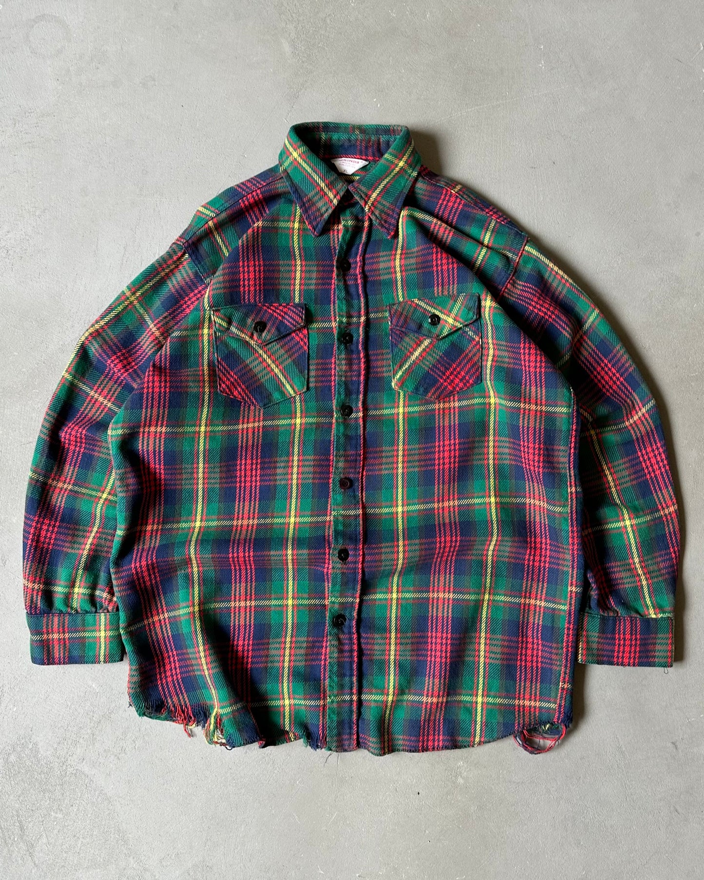 1980s - Distressed Green/Navy Frostproof Plaid Flannel - XL