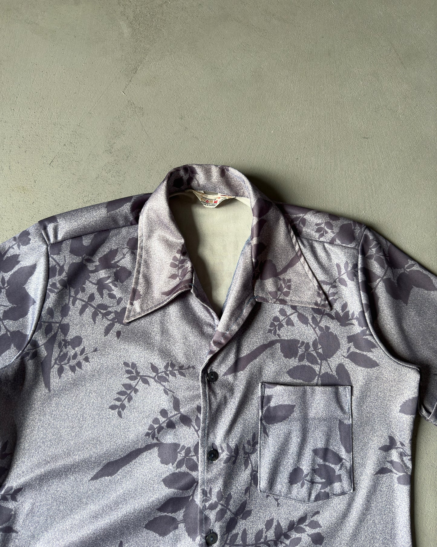 1970s - Grey Floral Disco Shirt - S/M