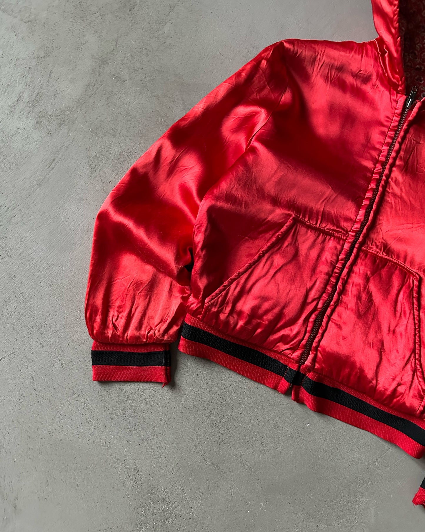 1960s - Red Quilted Satin Hooded Bomber Jacket - (W)S