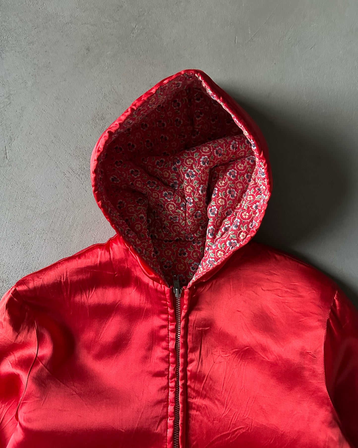 1960s - Red Quilted Satin Hooded Bomber Jacket - (W)S