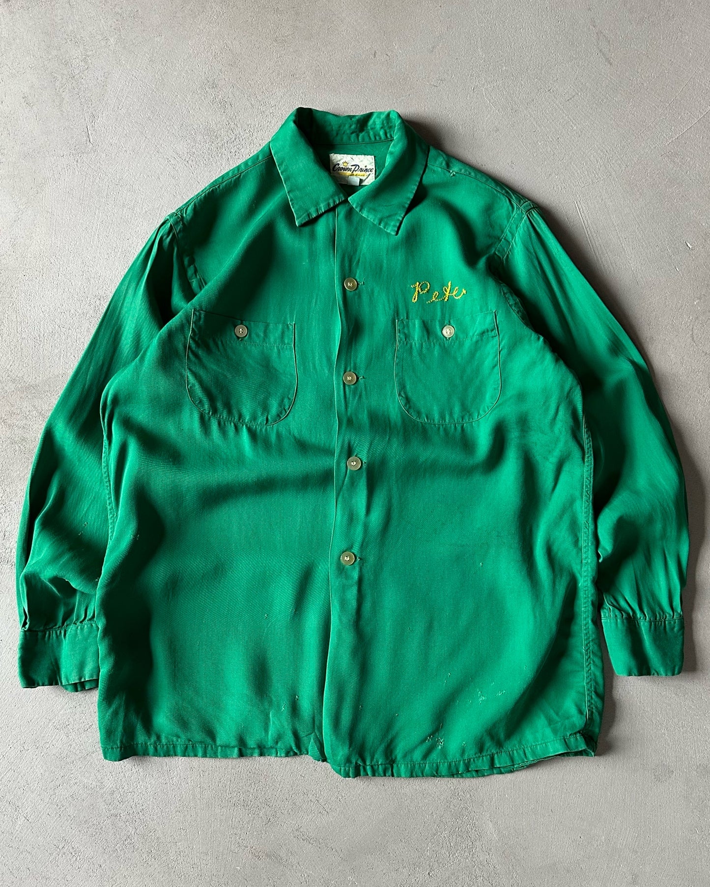 1970s - Distressed Green "Ferncroft Alleys" Loop Collar Shirt - S