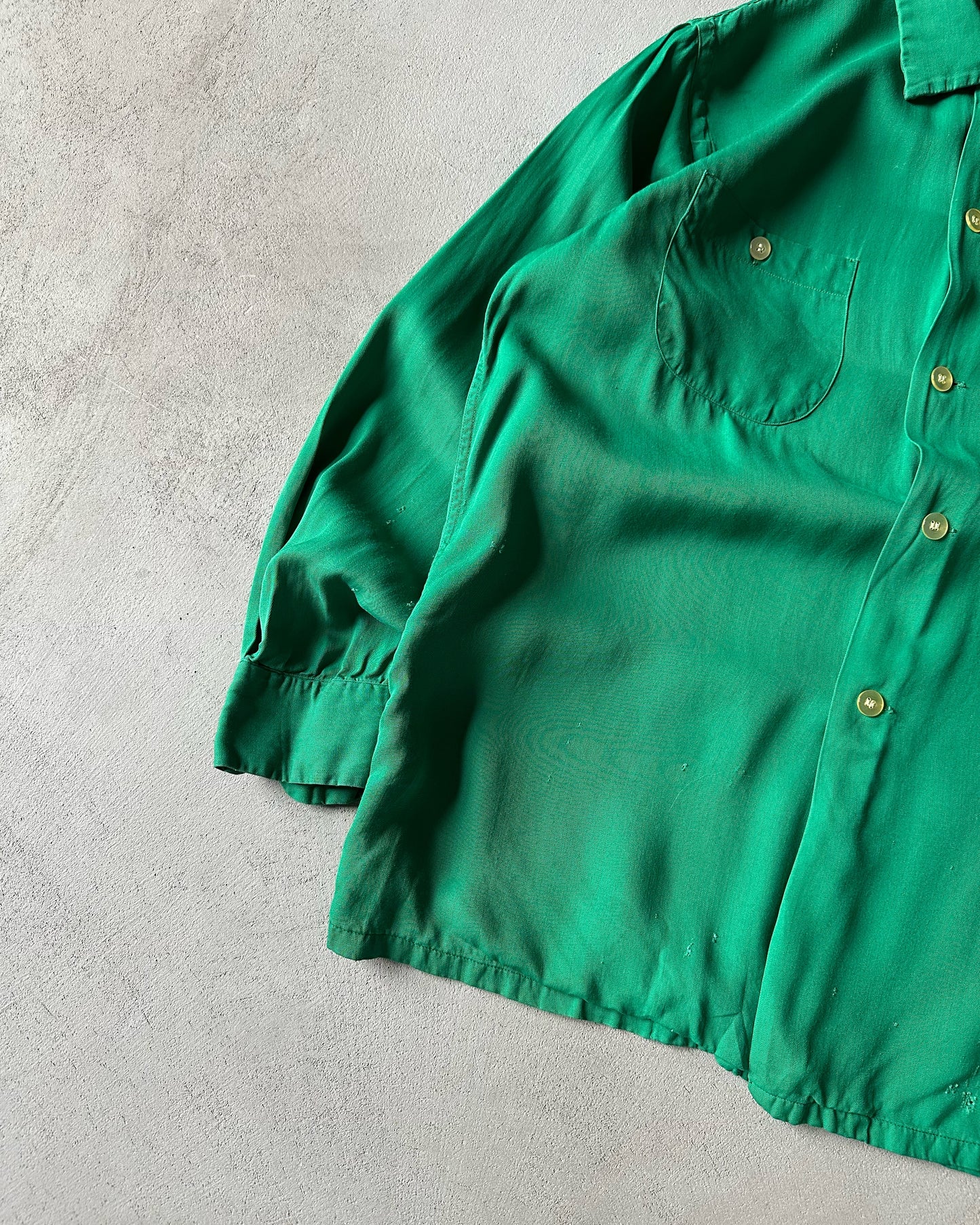 1970s - Distressed Green "Ferncroft Alleys" Loop Collar Shirt - S