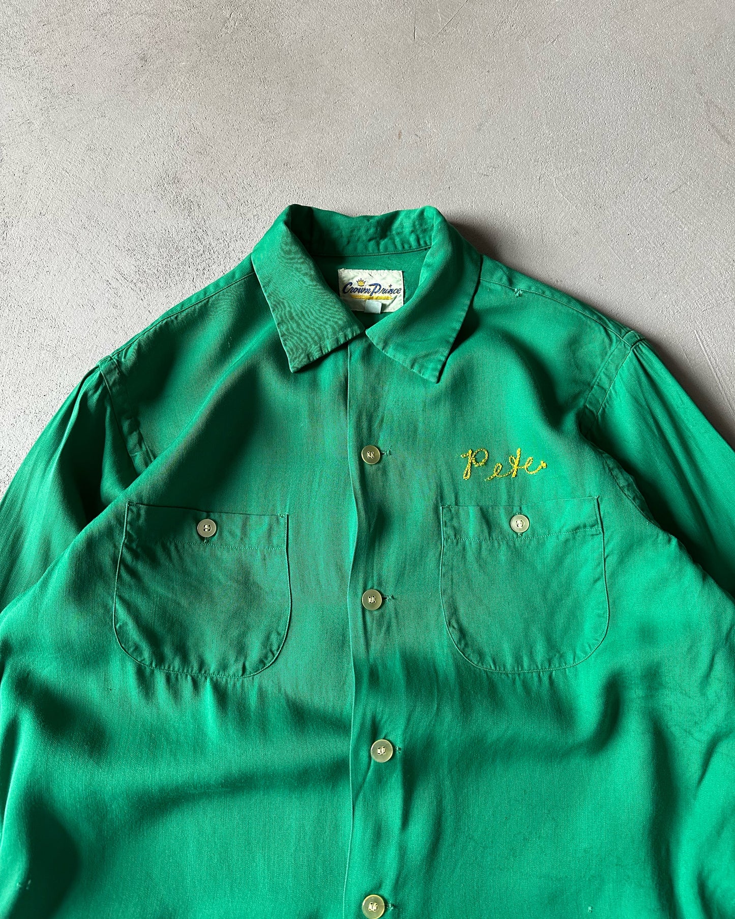 1970s - Distressed Green "Ferncroft Alleys" Loop Collar Shirt - S