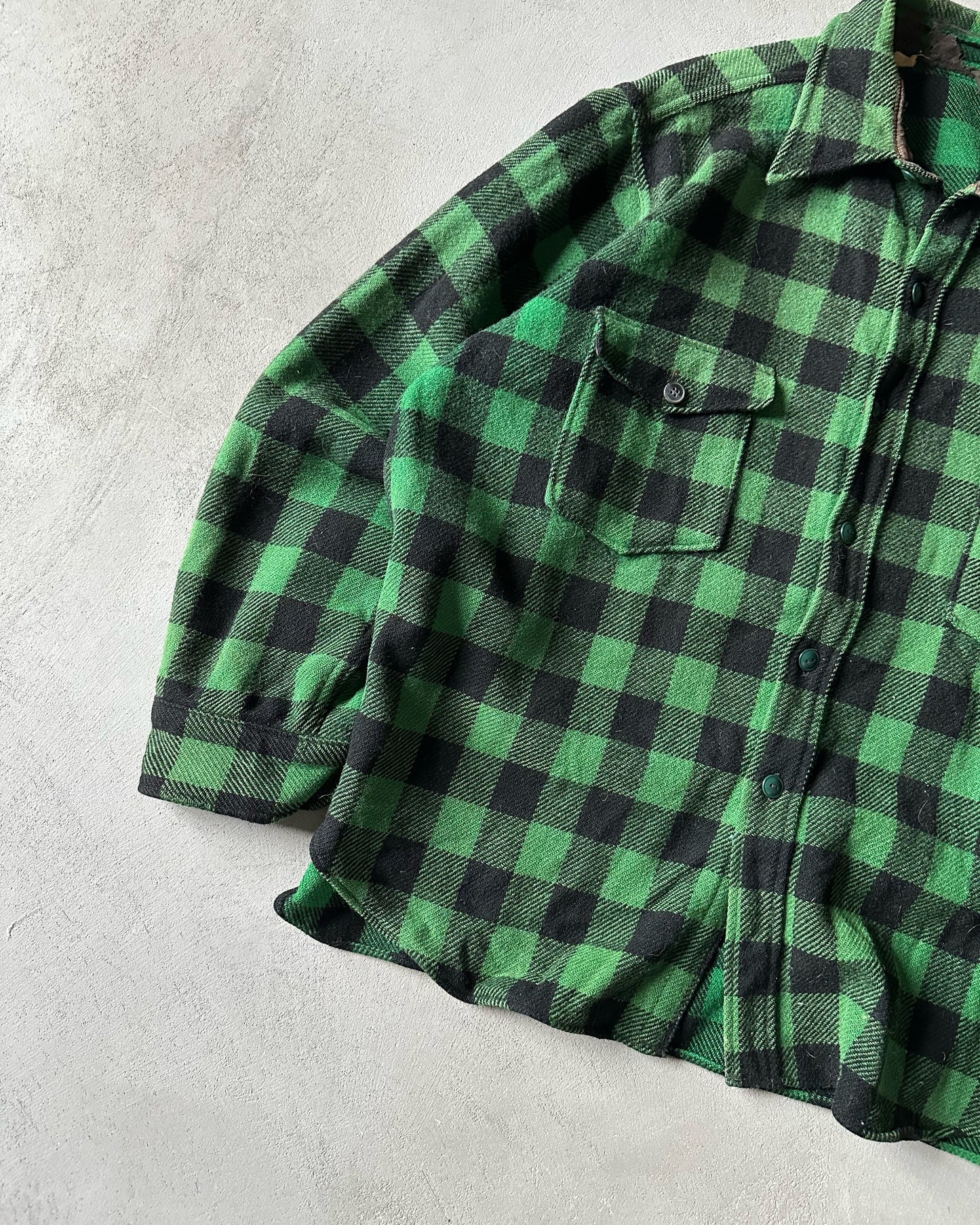 1960s - Distressed Green/Black Plaid Wool Button Up - XL