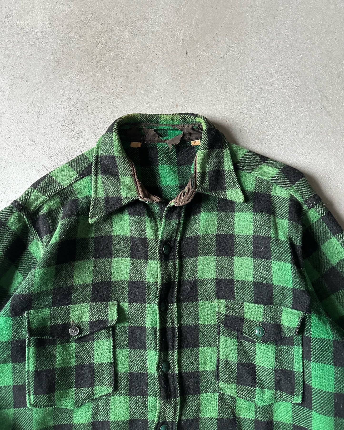 1960s - Distressed Green/Black Plaid Wool Button Up - XL