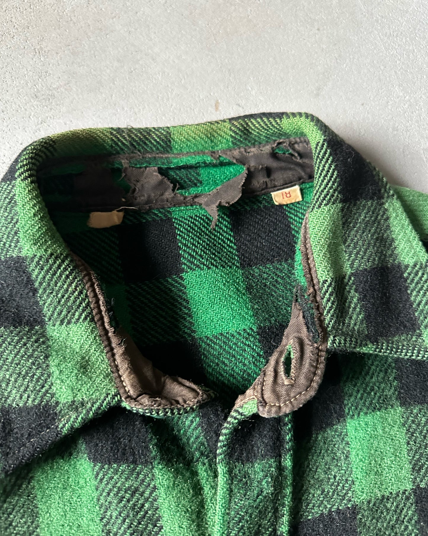 1960s - Distressed Green/Black Plaid Wool Button Up - XL