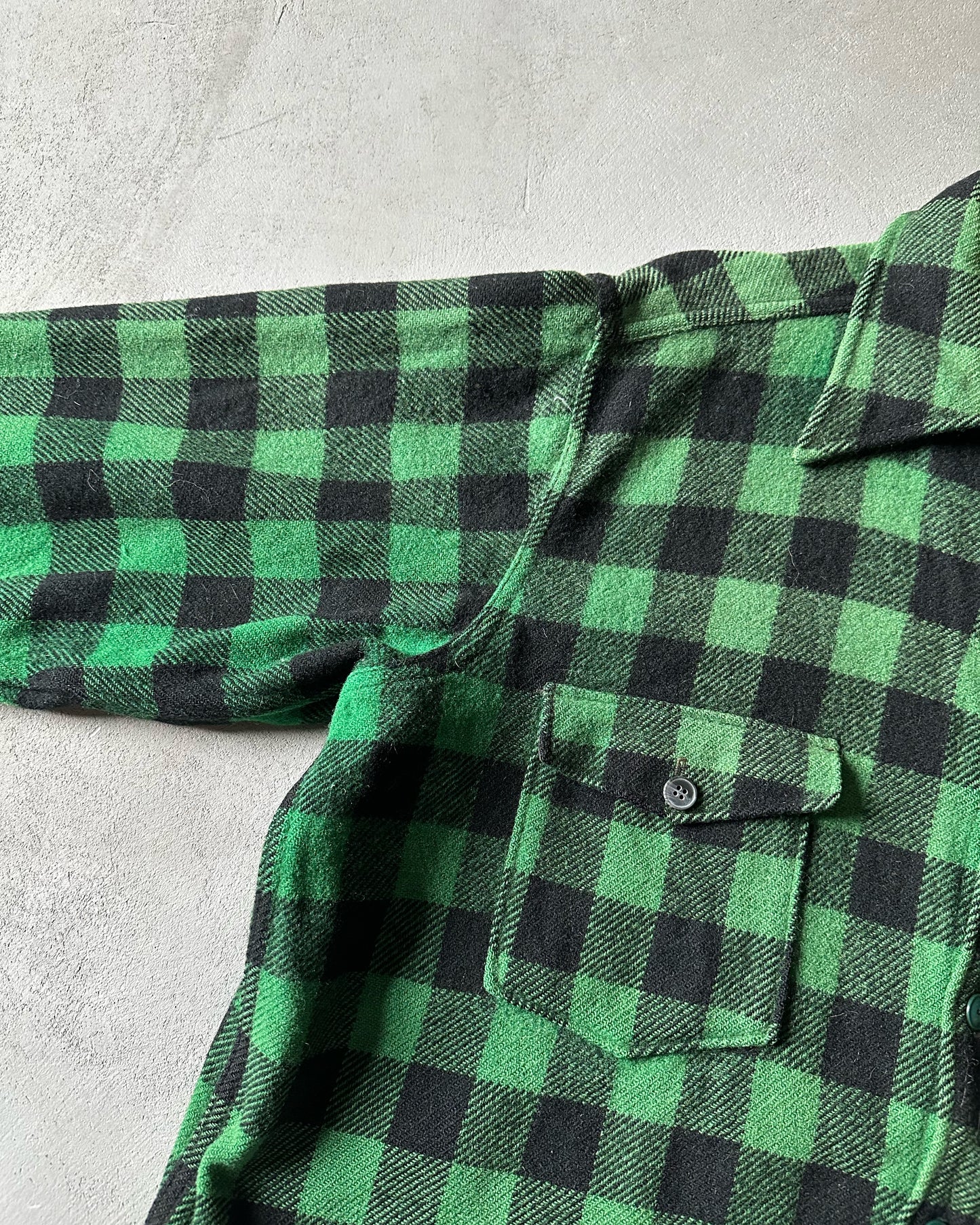 1960s - Distressed Green/Black Plaid Wool Button Up - XL