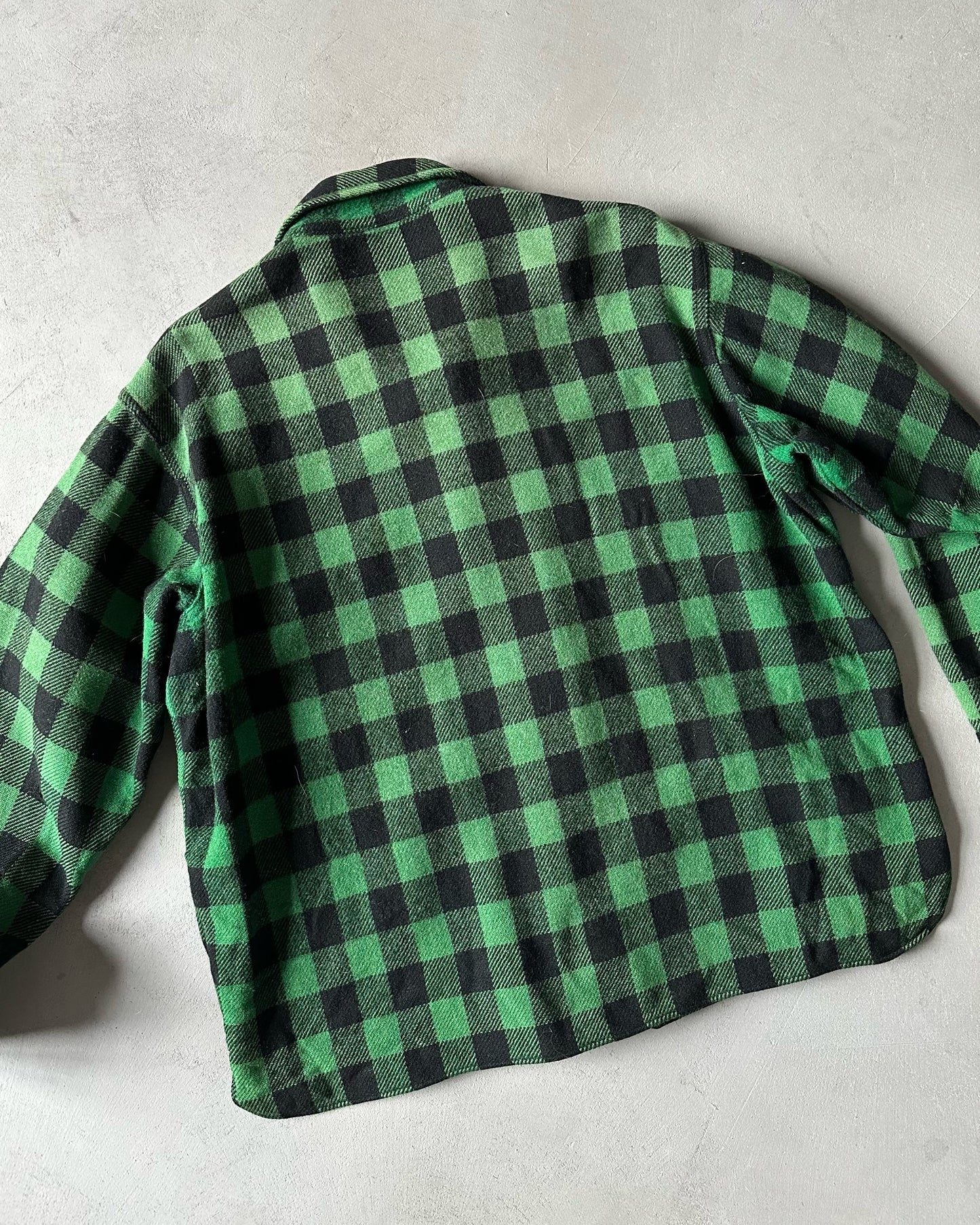 1960s - Distressed Green/Black Plaid Wool Button Up - XL
