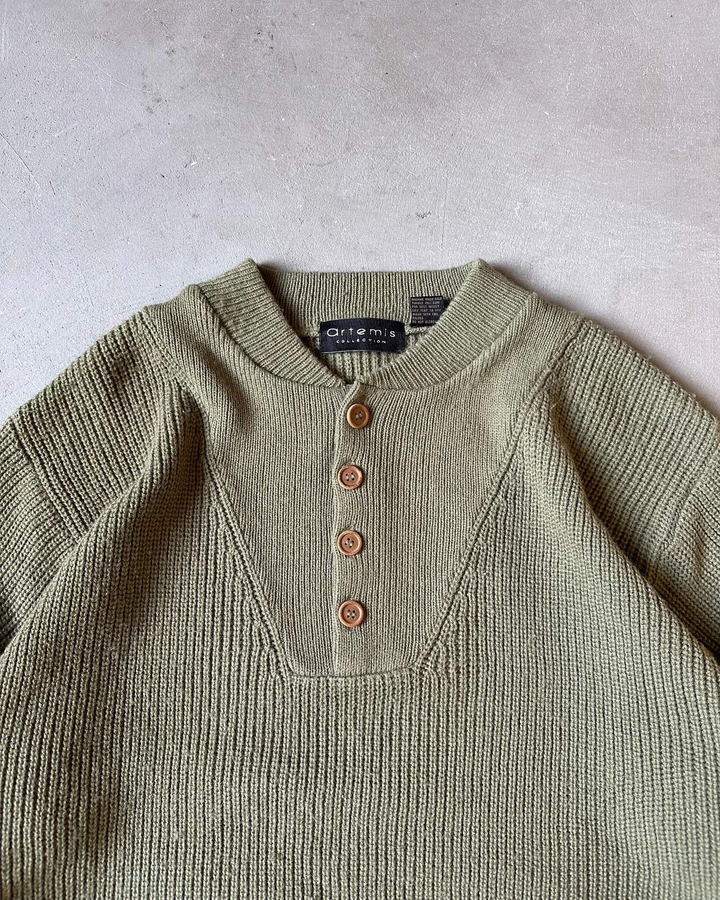 Années 90 - Pull Henley en maille vert sauge - T.L