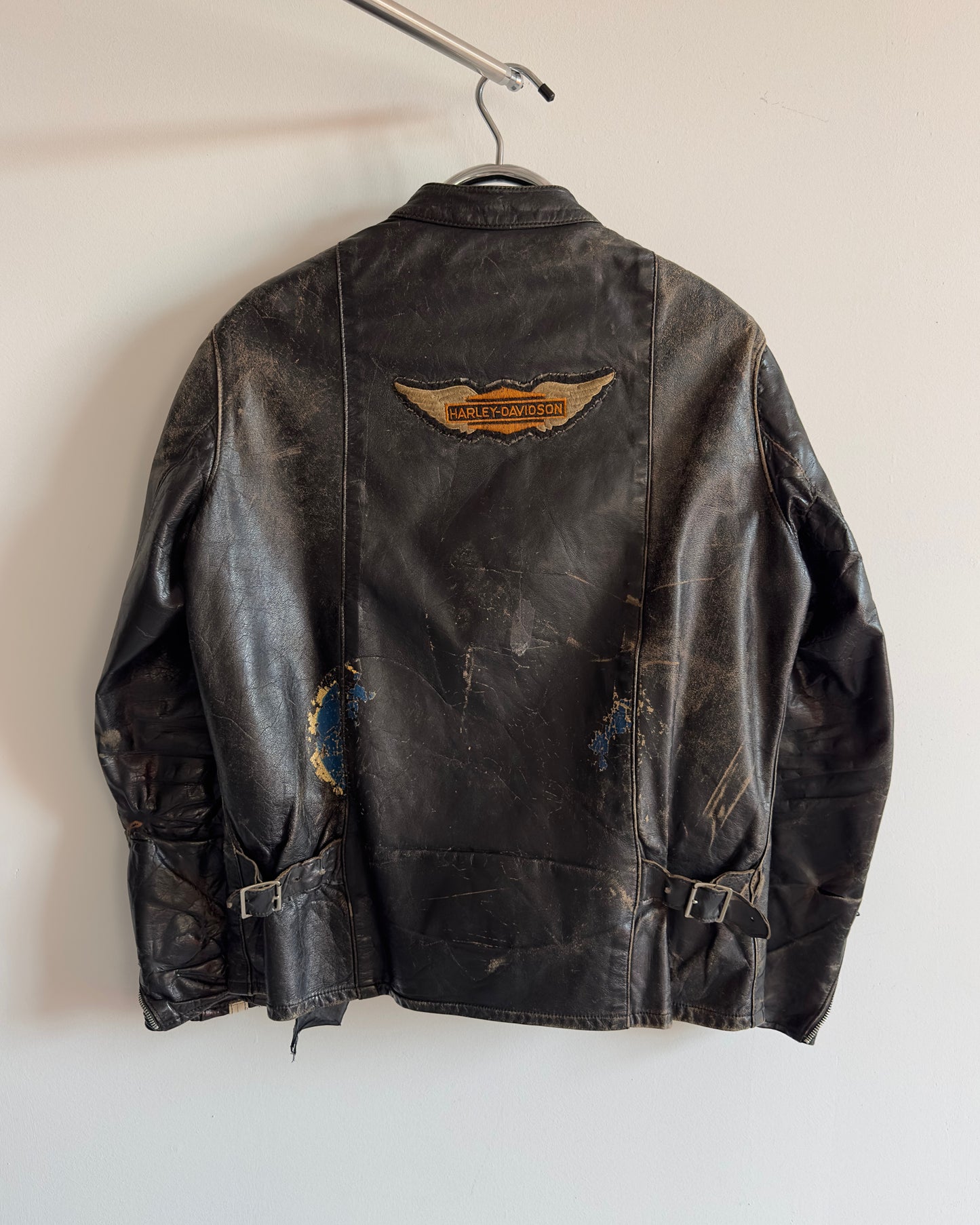 1970s - Distressed Black HD Motorcycle Leather Jacket - 40