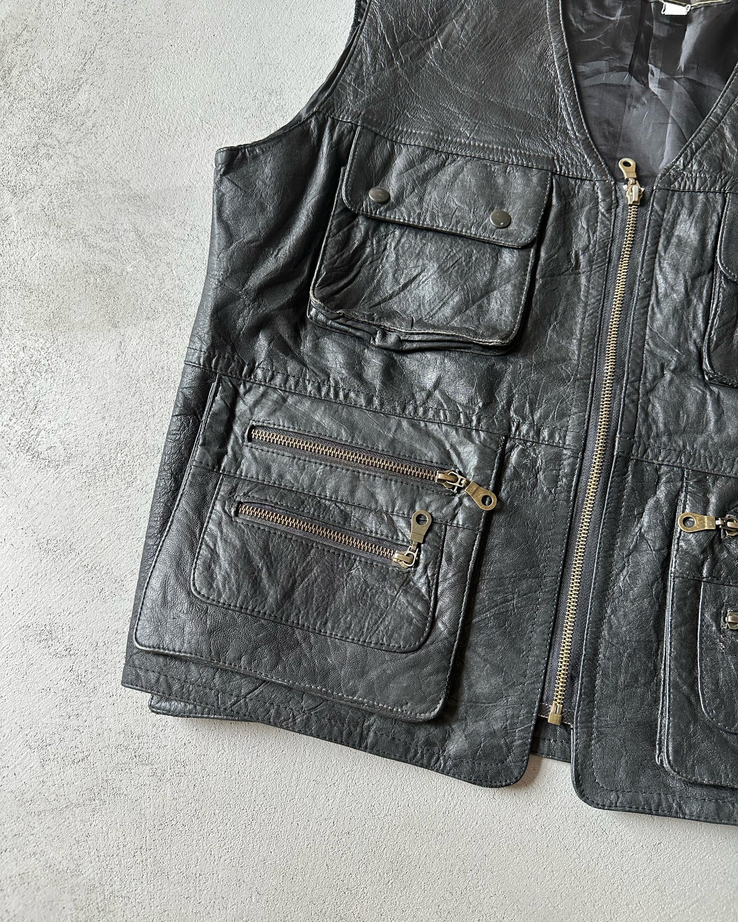 1990s - Leather Multipockets Vest - L