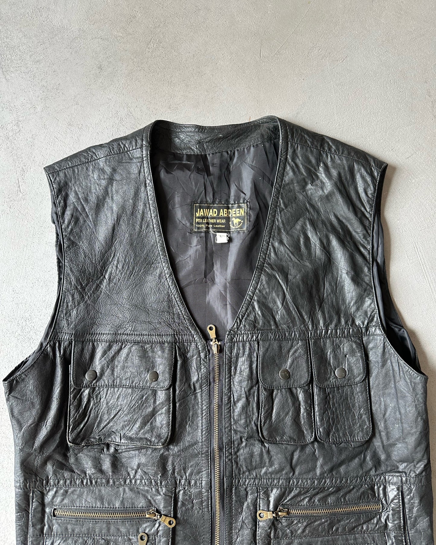 1990s - Leather Multipockets Vest - L