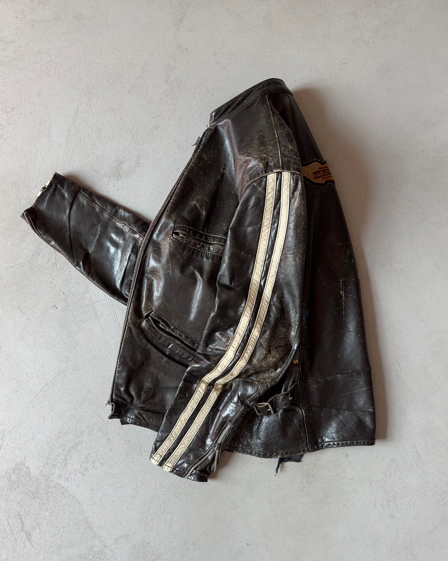 1970s - Distressed Black HD Motorcycle Leather Jacket - 40