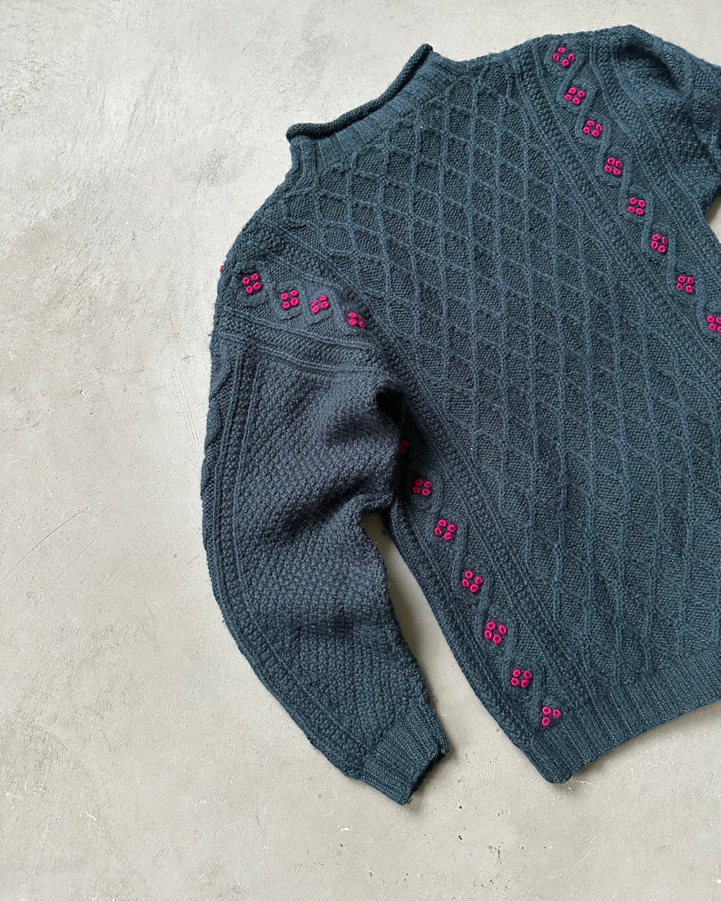 Années 90 - Pull en laine à col roulé à fleurs L.L.Bean vert - (F)L