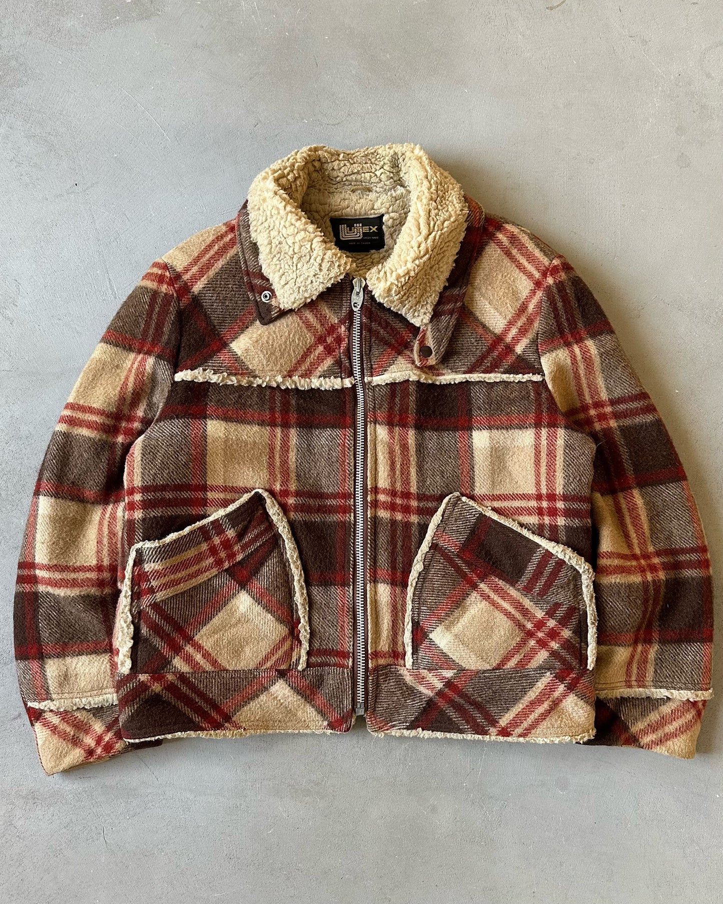 1970s - Brown/Orange Utex Plaid Wool Sherpa Jacket - L/XL