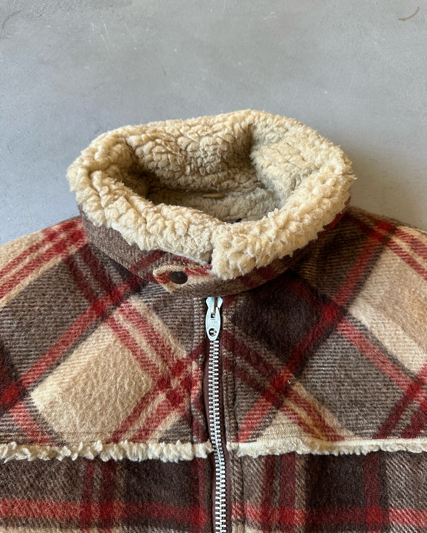 1970s - Brown/Orange Utex Plaid Wool Sherpa Jacket - L/XL