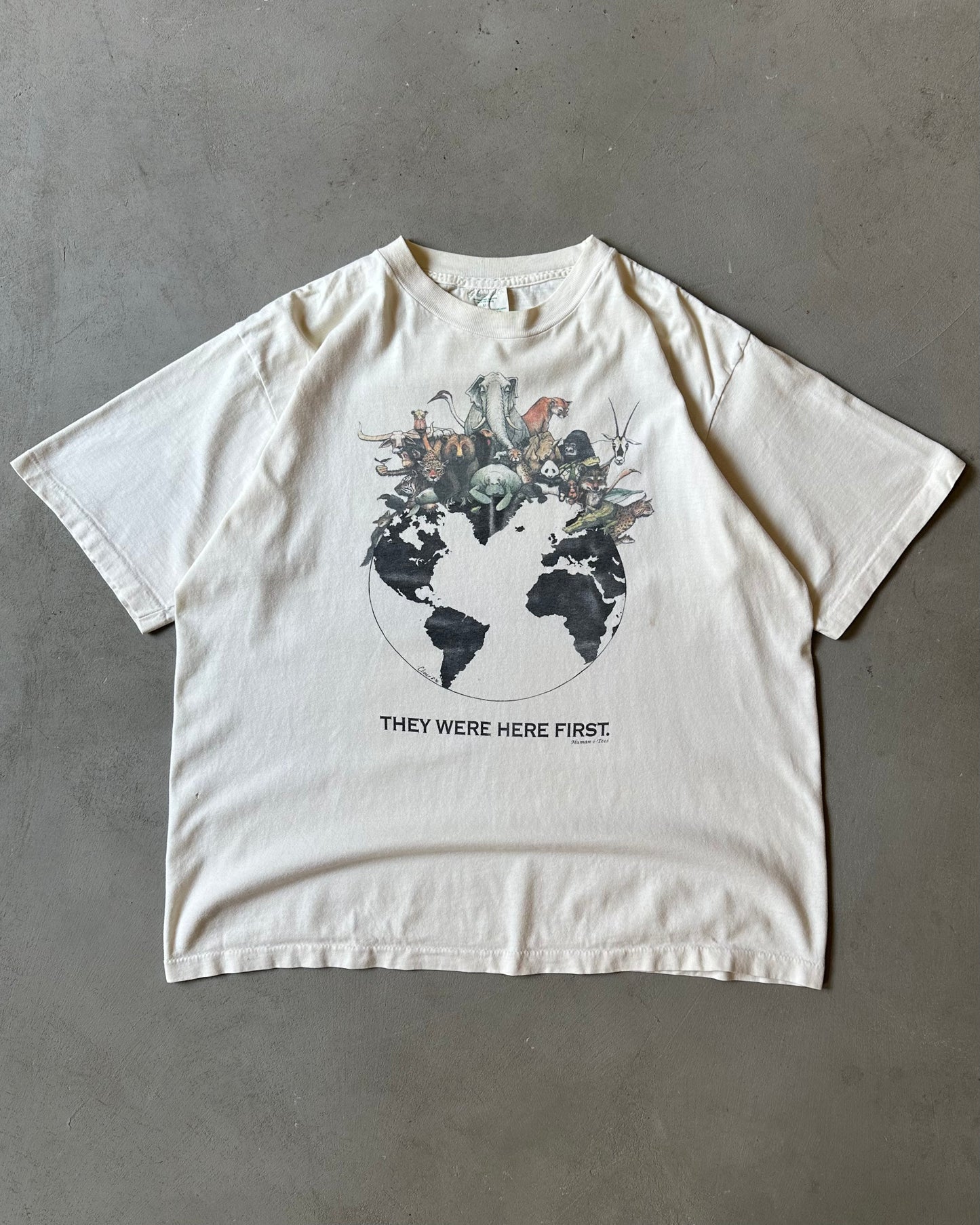 1990s - Distressed Off White "They Were Here First" T-Shirt - XL