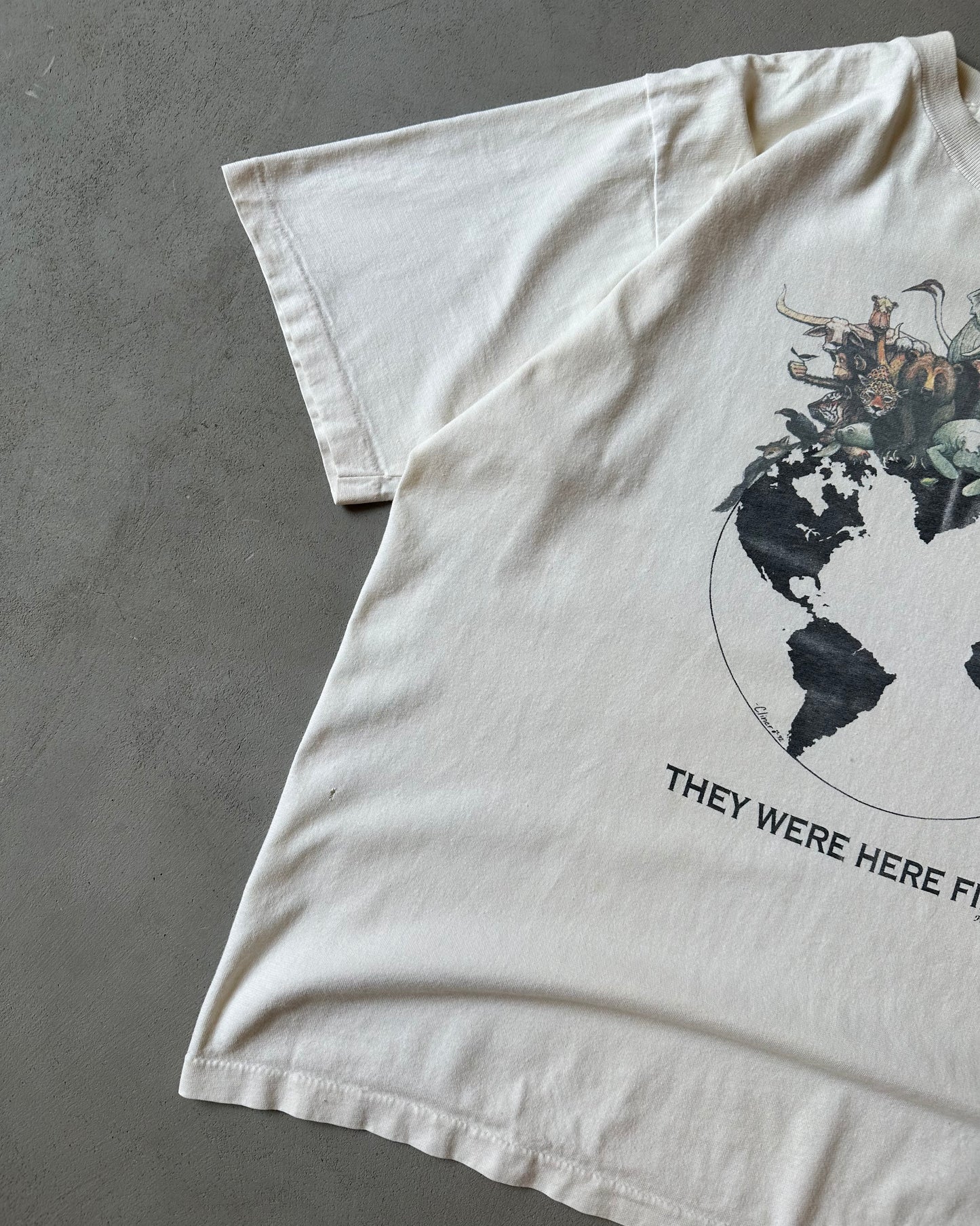 1990s - Distressed Off White "They Were Here First" T-Shirt - XL