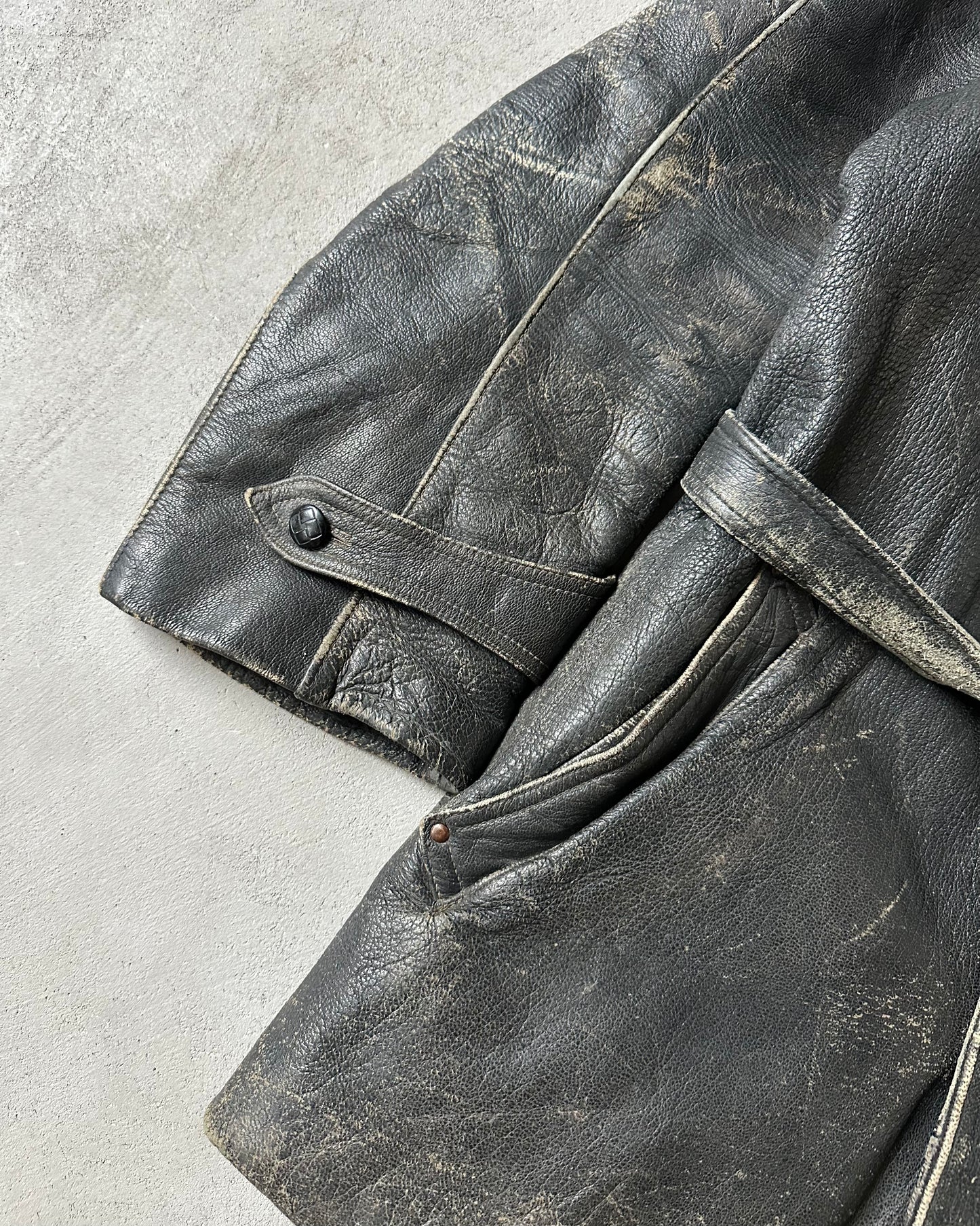 1950s - Distressed Black Italian Leather Coat - M