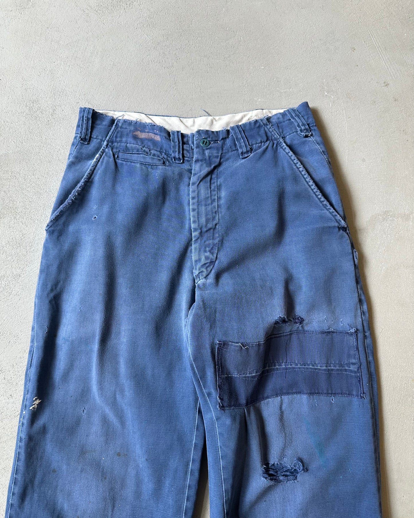 1960s - Distressed Blue Patchwork Work Pants - 28x27
