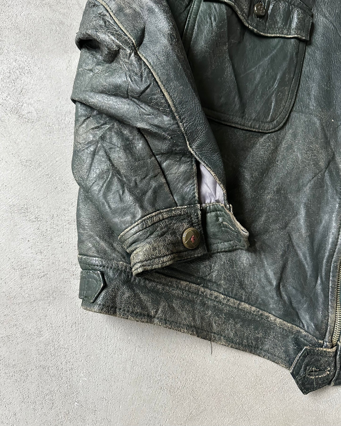 1970s - Distressed Black Portuguese Army Leather Jacket - L/XL