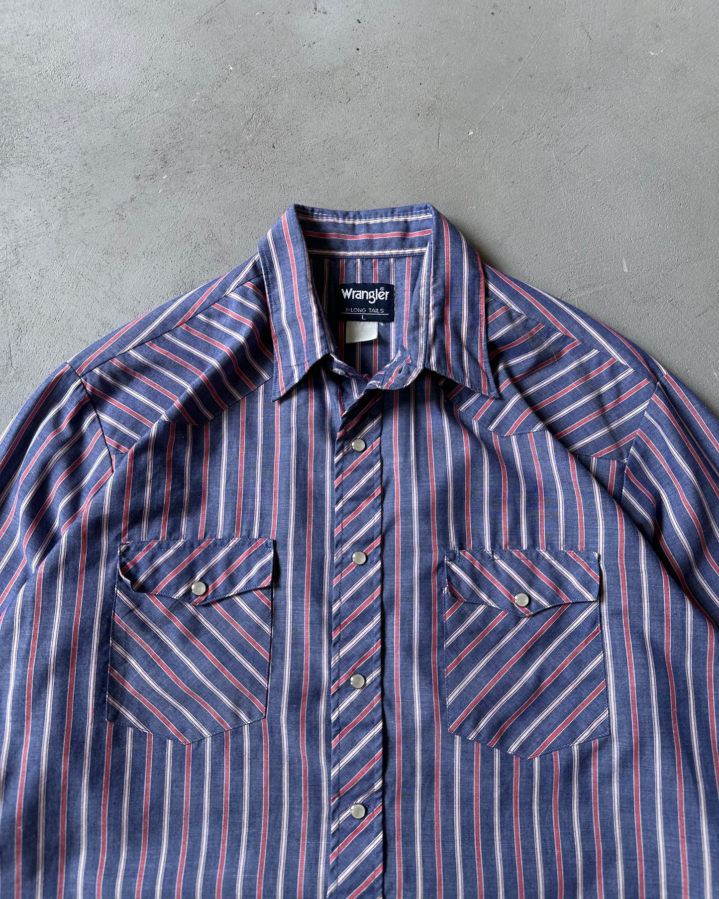 1990s - Blue/Red Wrangler Striped Pearl Snap Shirt - L