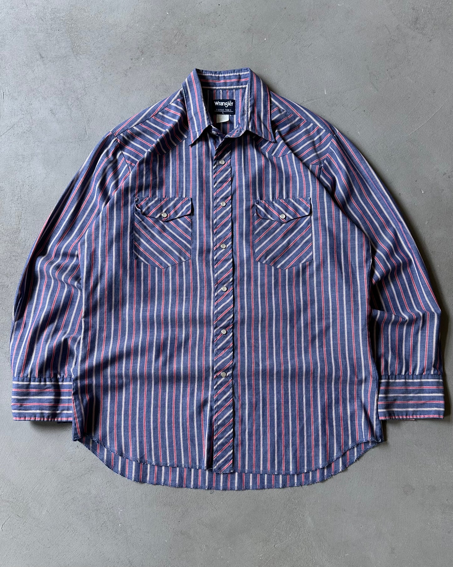 1990s - Blue/Red Wrangler Striped Pearl Snap Shirt - L