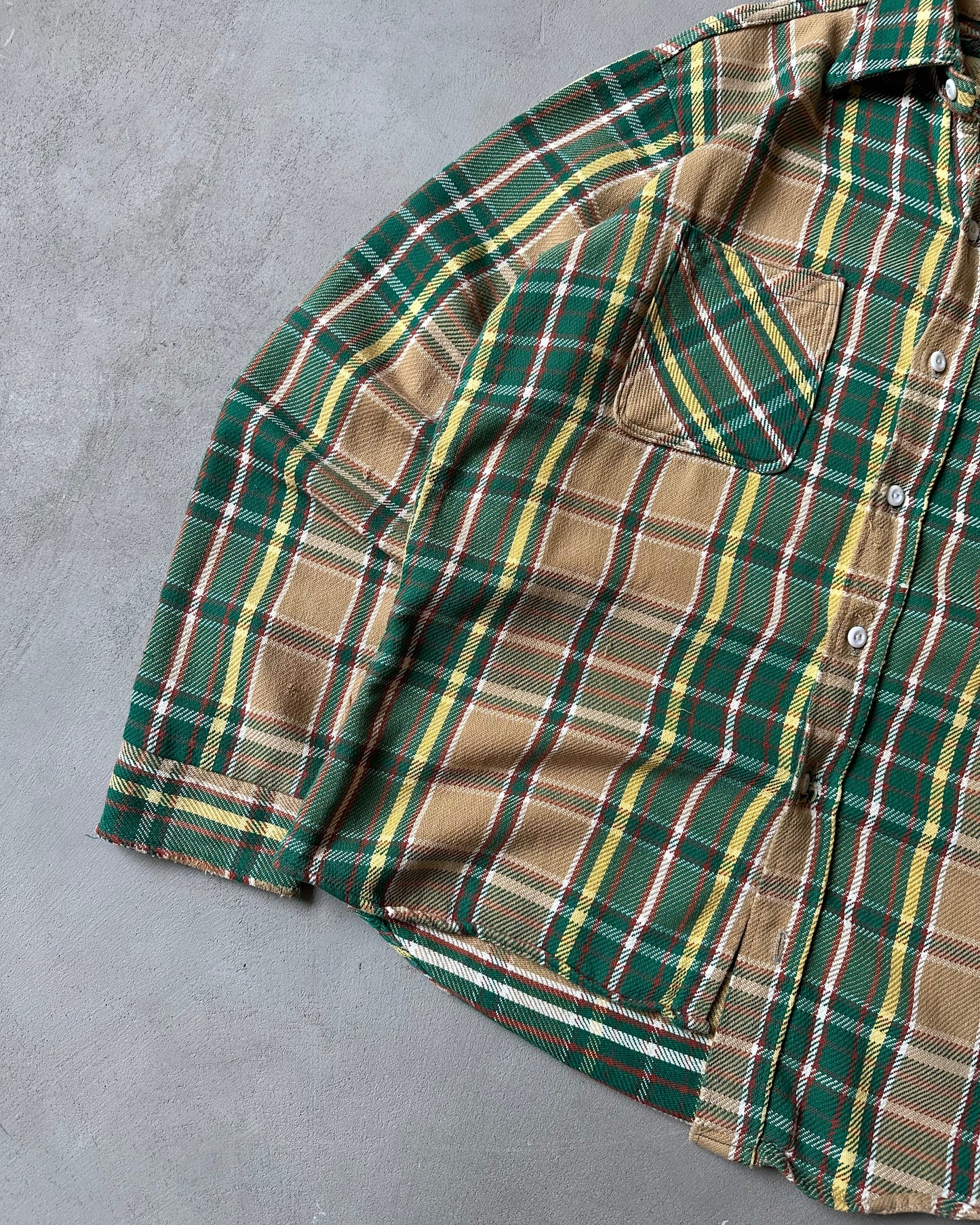 1960s - Distressed Green/Yellow Plaid Flannel - L