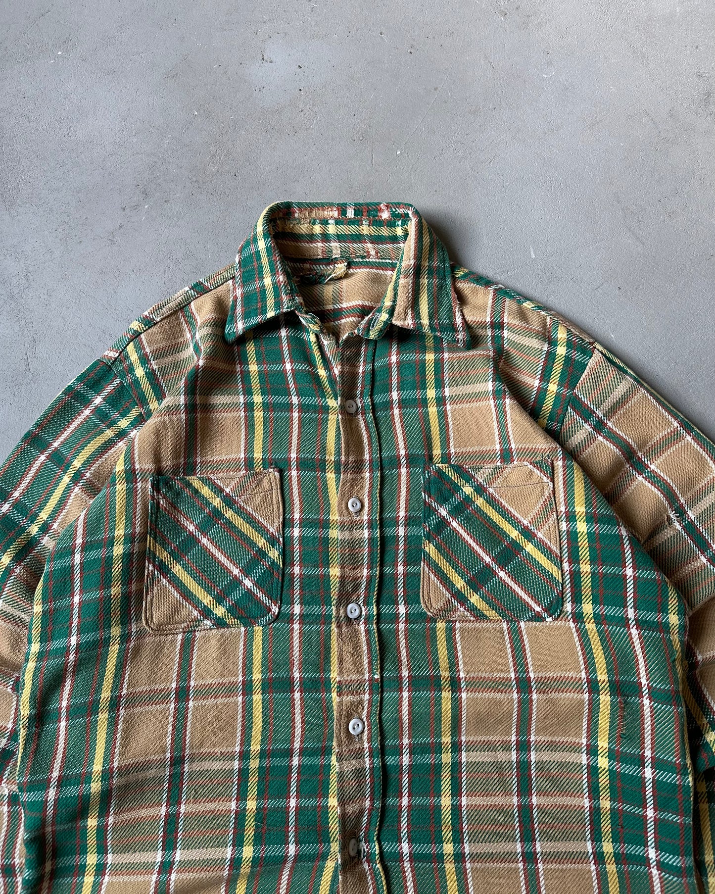 1960s - Distressed Green/Yellow Plaid Flannel - L