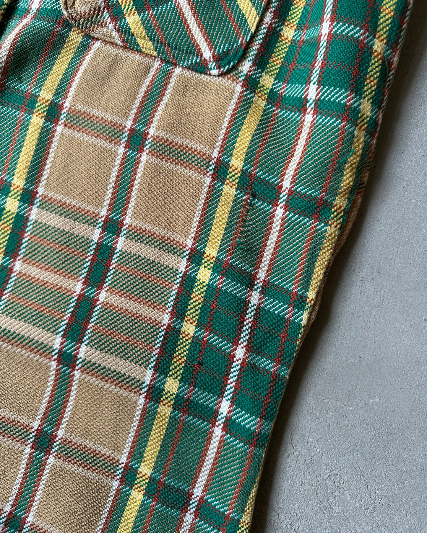1960s - Distressed Green/Yellow Plaid Flannel - L