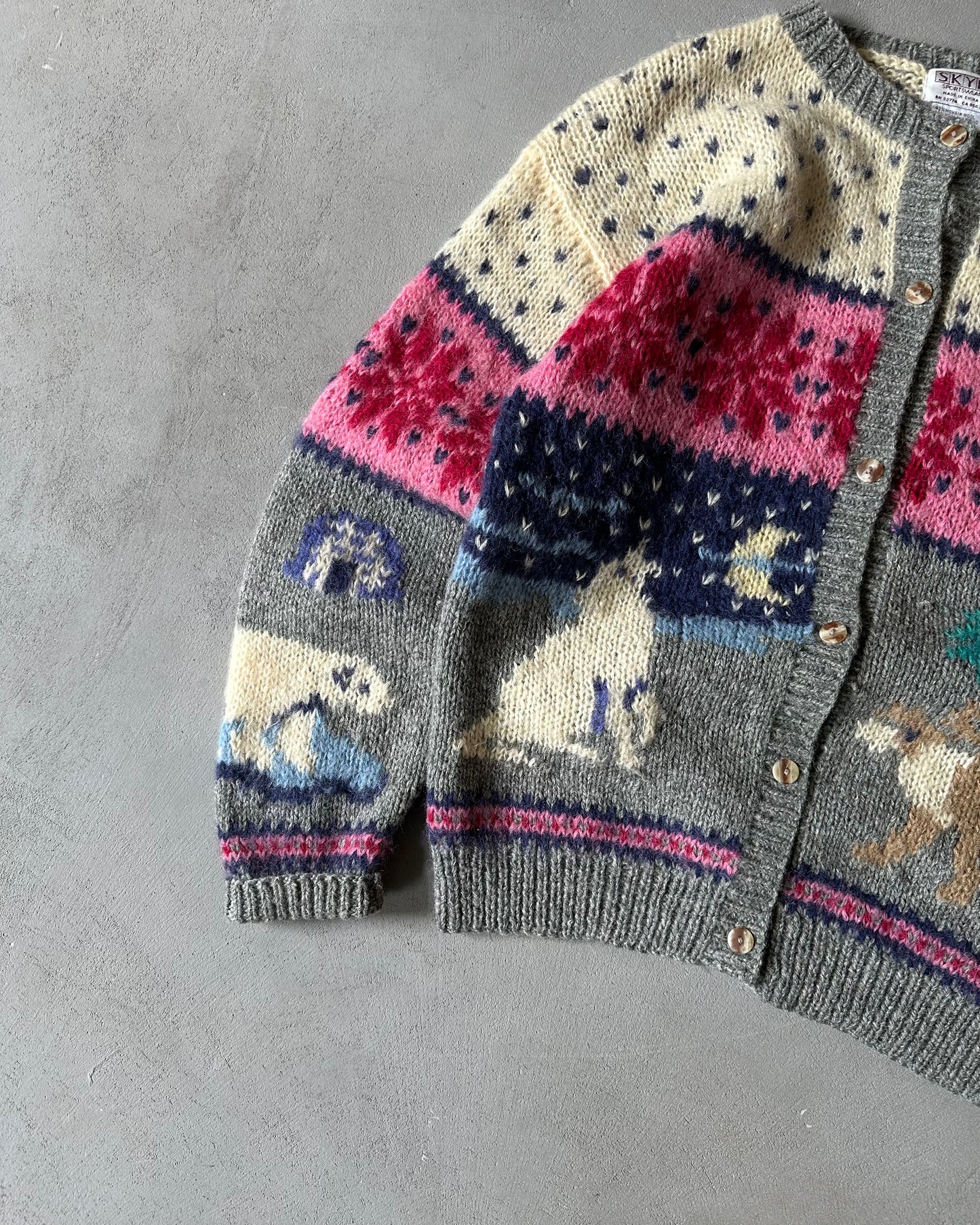 1990s - Grey/Cream Nordic Wool Cardigan - (W)M