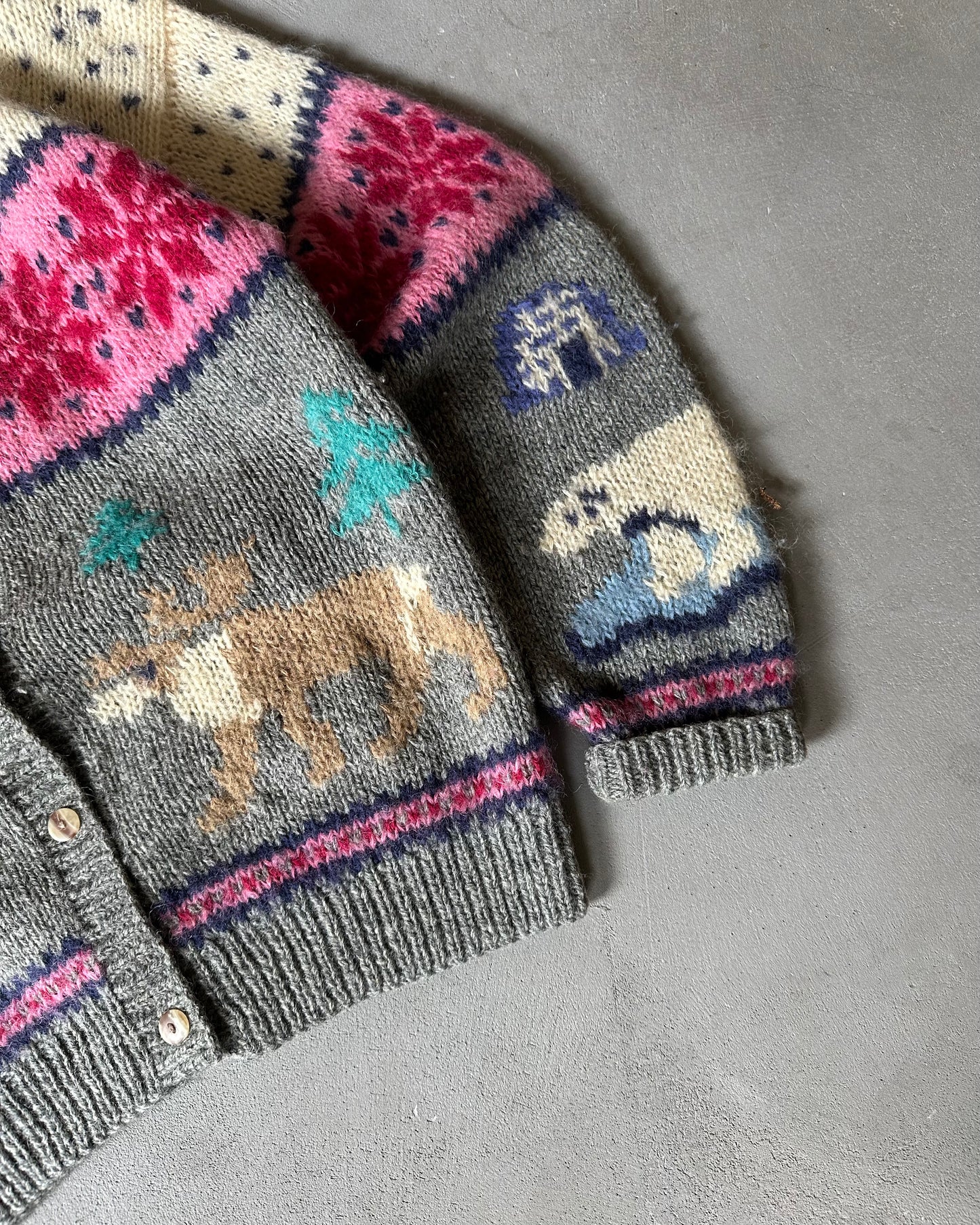 1990s - Grey/Cream Nordic Wool Cardigan - (W)M