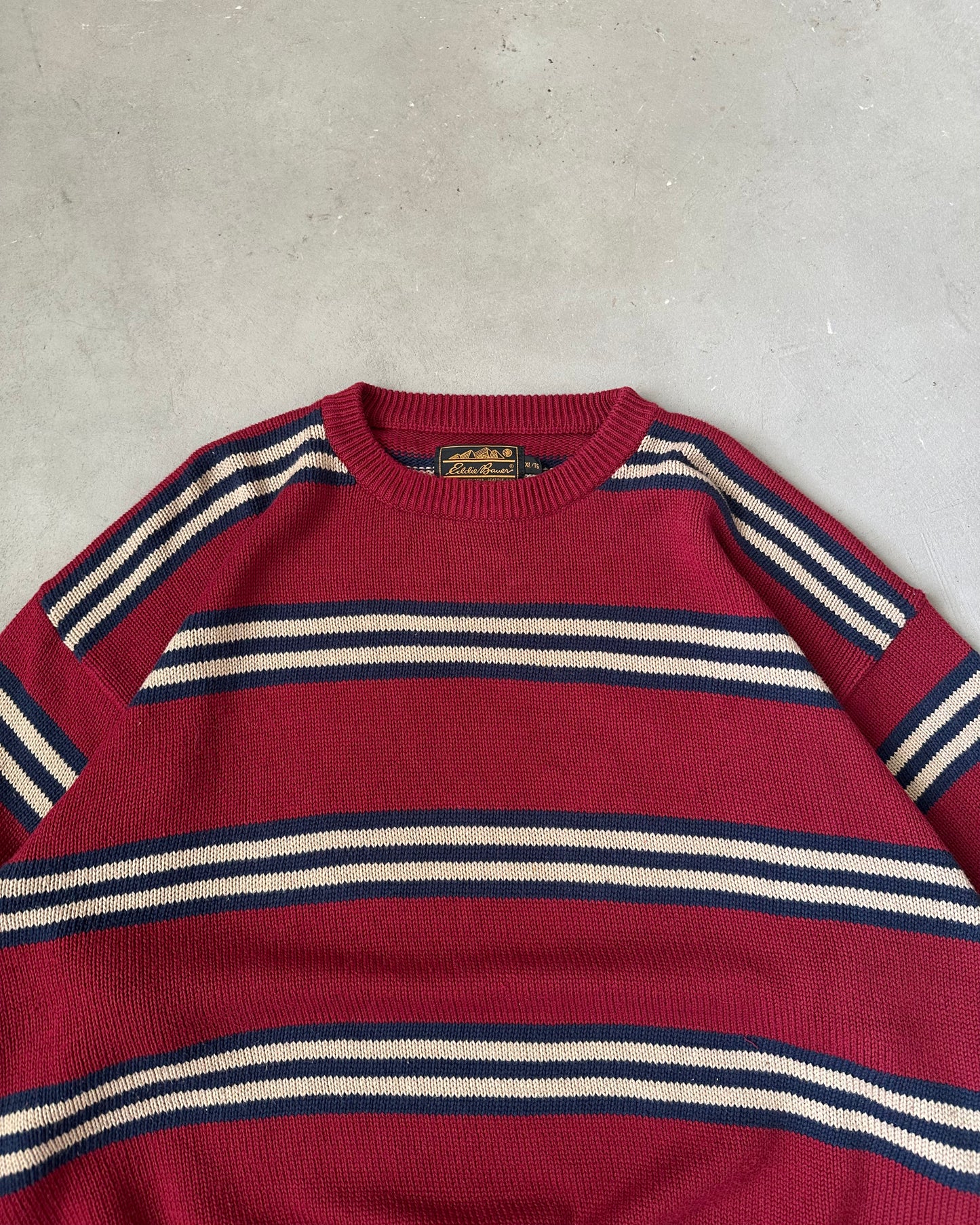 1990s - Burgundy/Navy Eddie Bauer Striped Sweater - XL