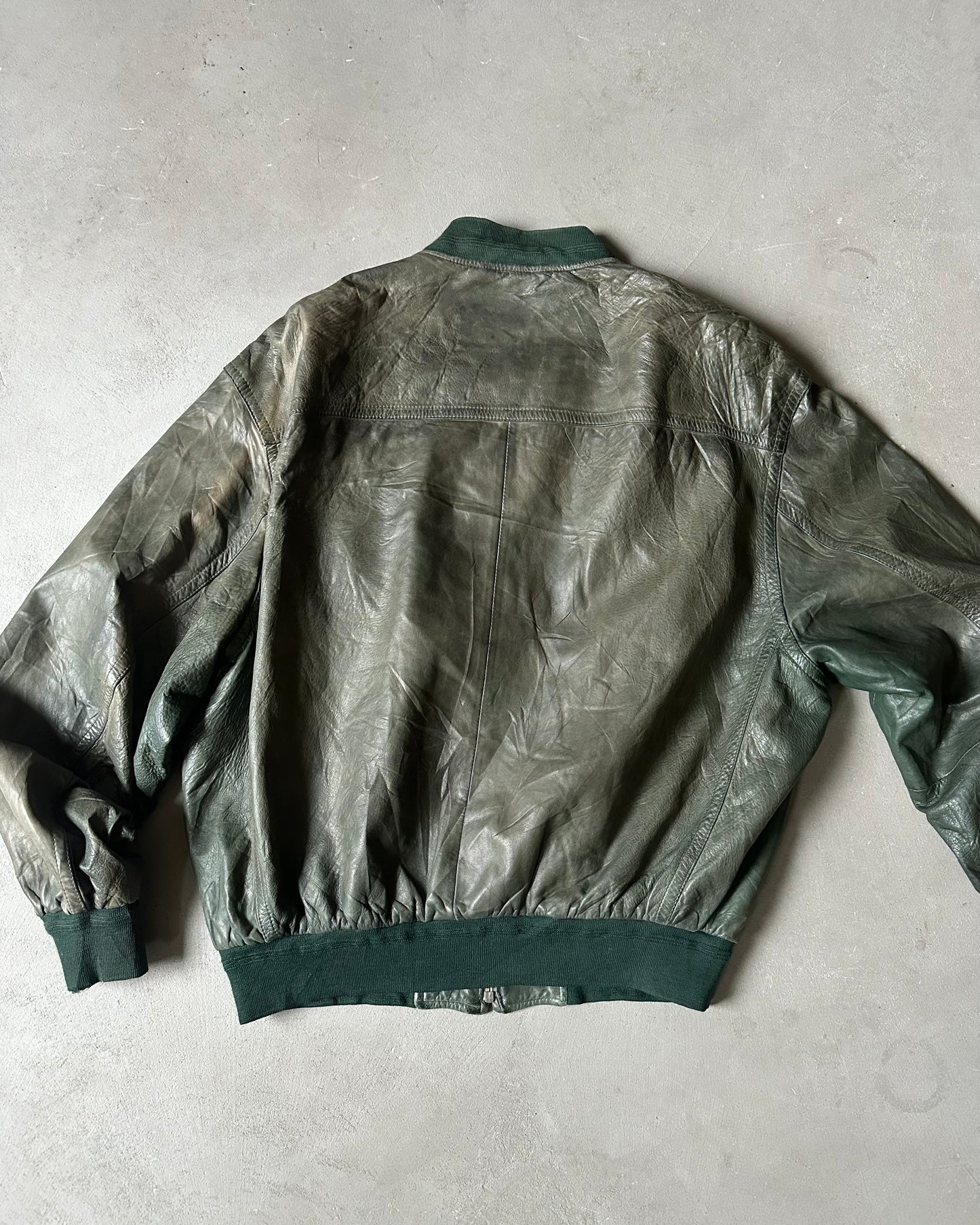 1980s - Faded Green Leather Bomber Jacket - XL