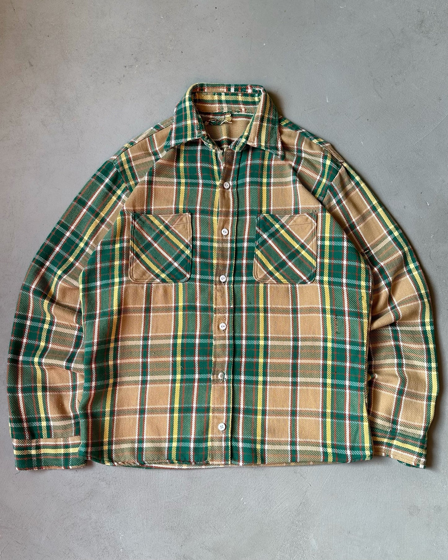 1960s - Distressed Green/Yellow Plaid Flannel - L