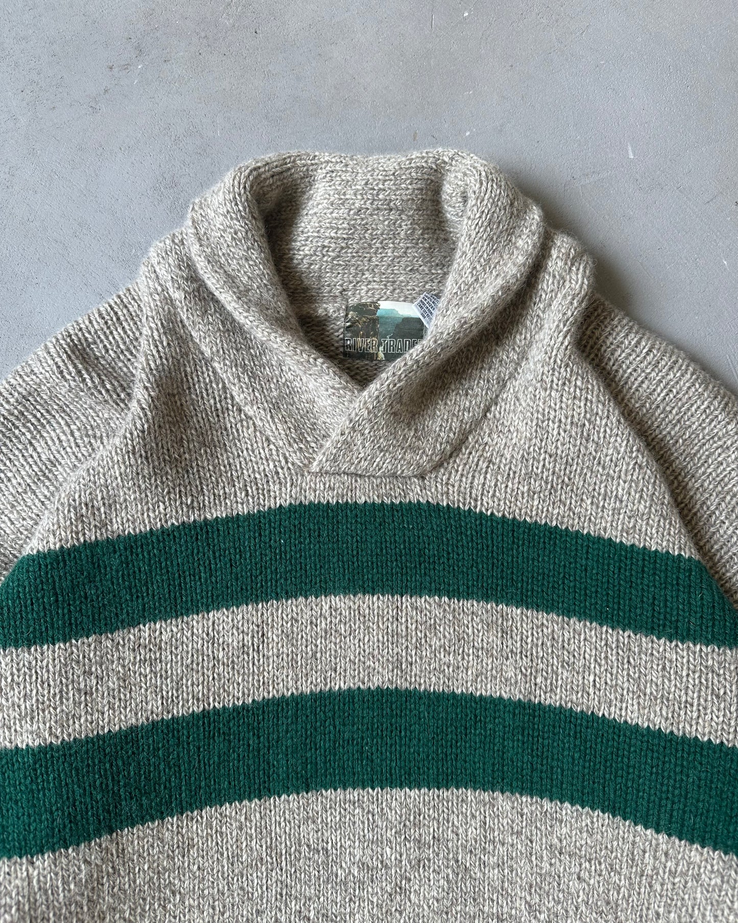 1990s - Oatmeal/Green Striped Shawl Sweater - L/XL