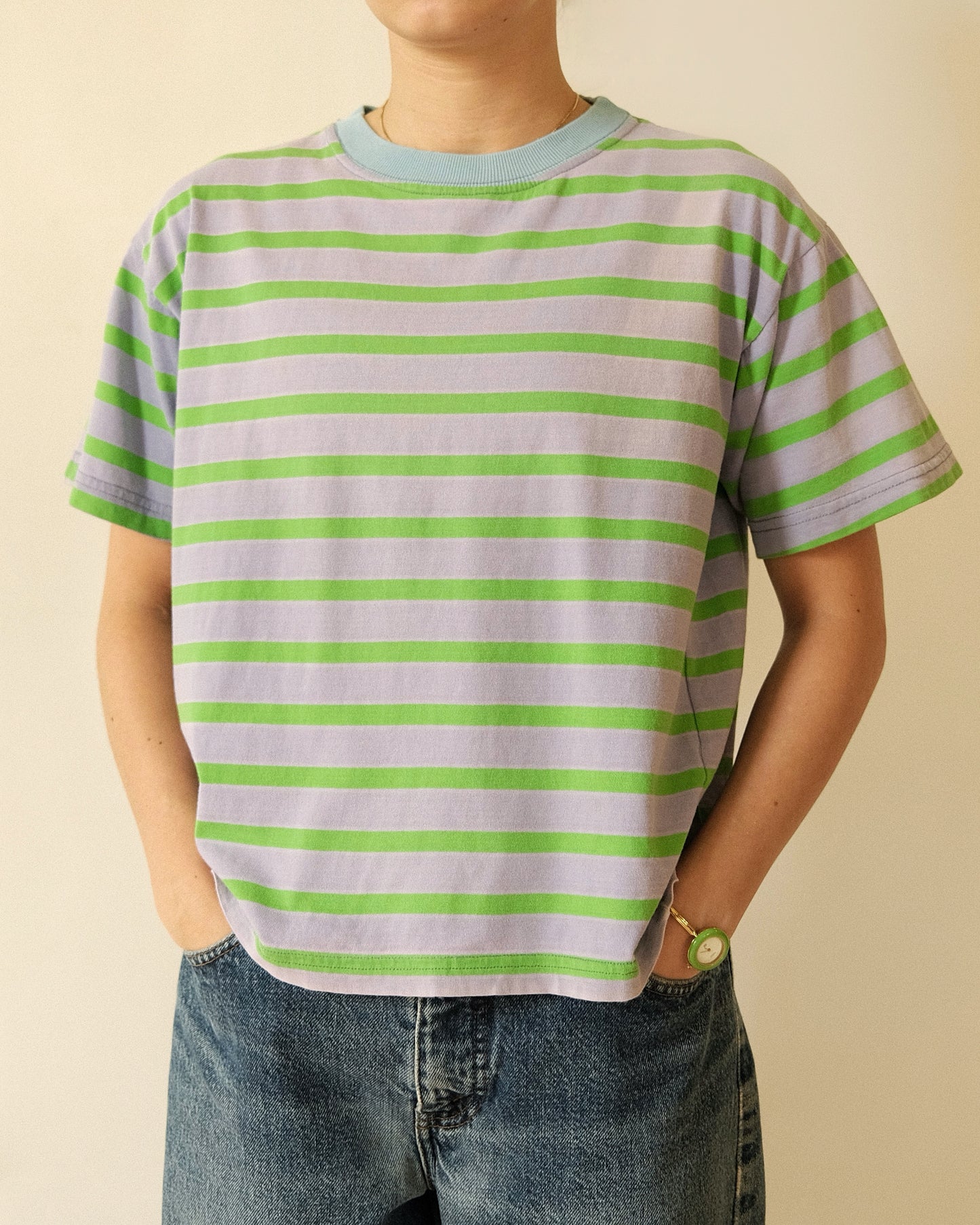 1990s - Distressed Lilac/Green Striped Cropped T-Shirt - XS