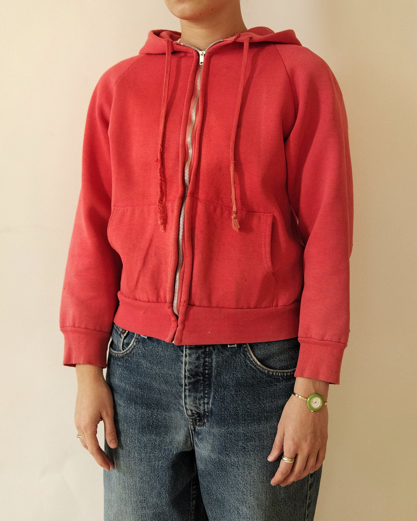 1960s - Distressed Red Women's Zip Up Hoodie - (W)XXS