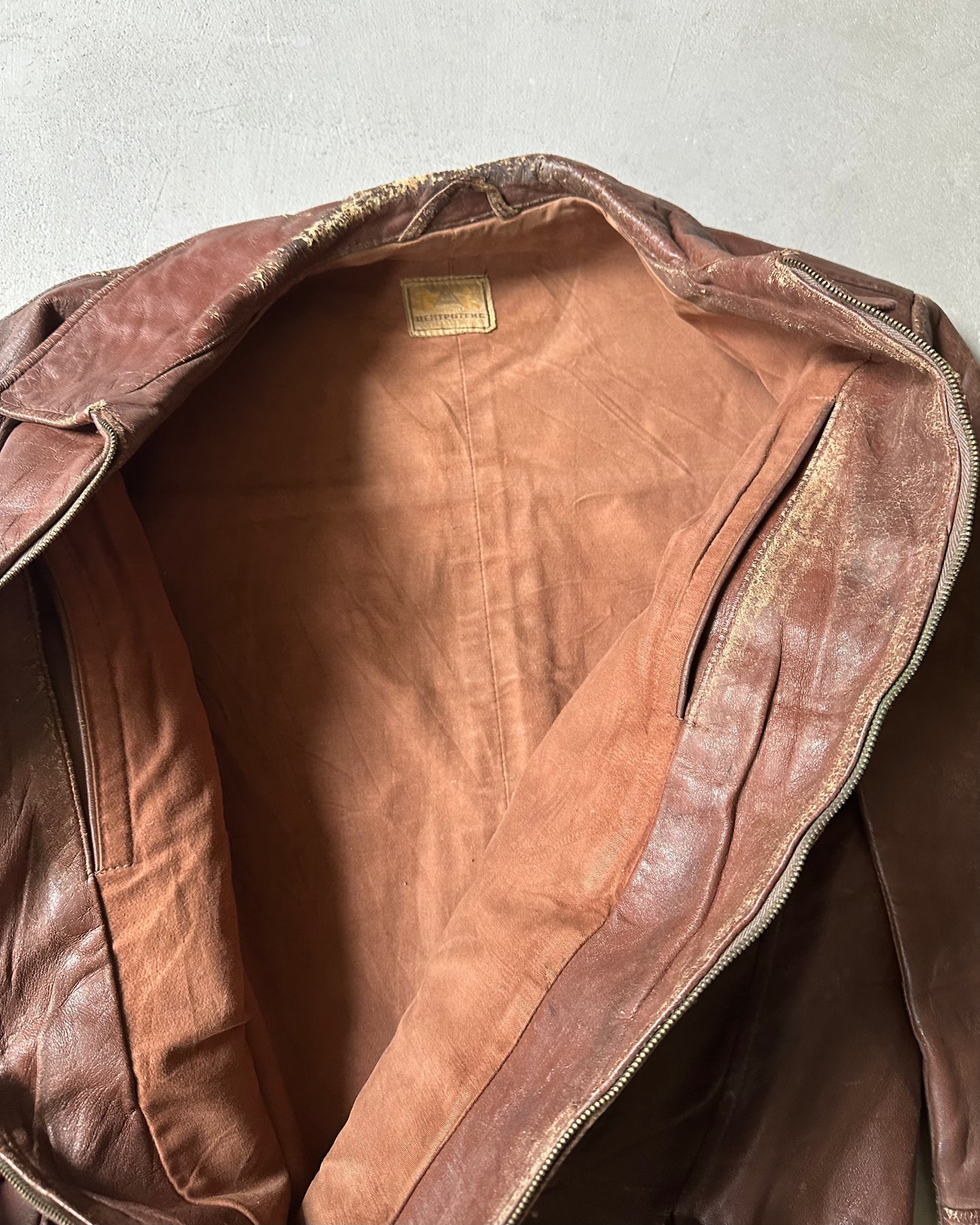 Années 60 - Veste en cuir soviétique marron vieilli - Taille L