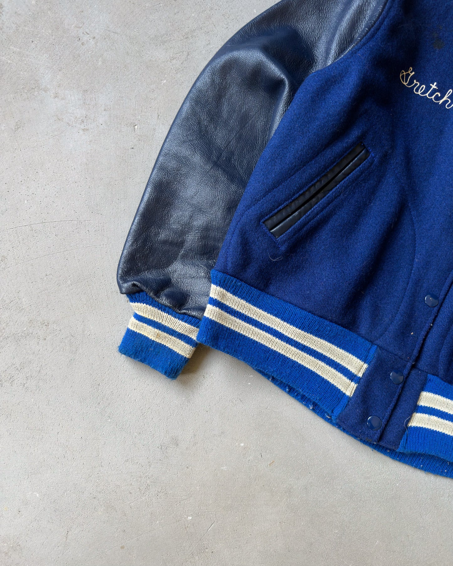 1970s - Distressed Blue/Black Gretch Varsity Jacket - XS/S