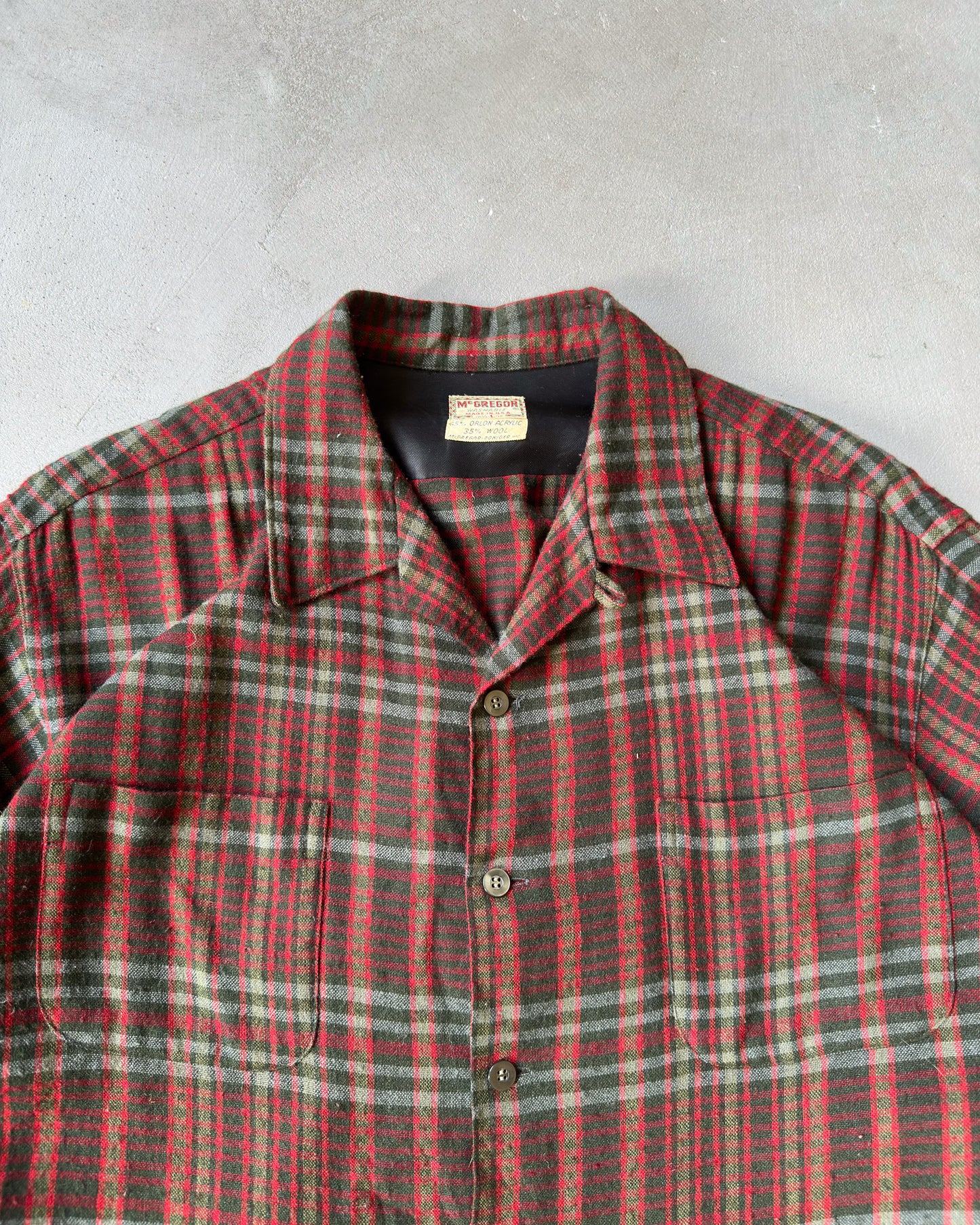 1960s - Green/Red Loop Collar Plaid Shirt - L
