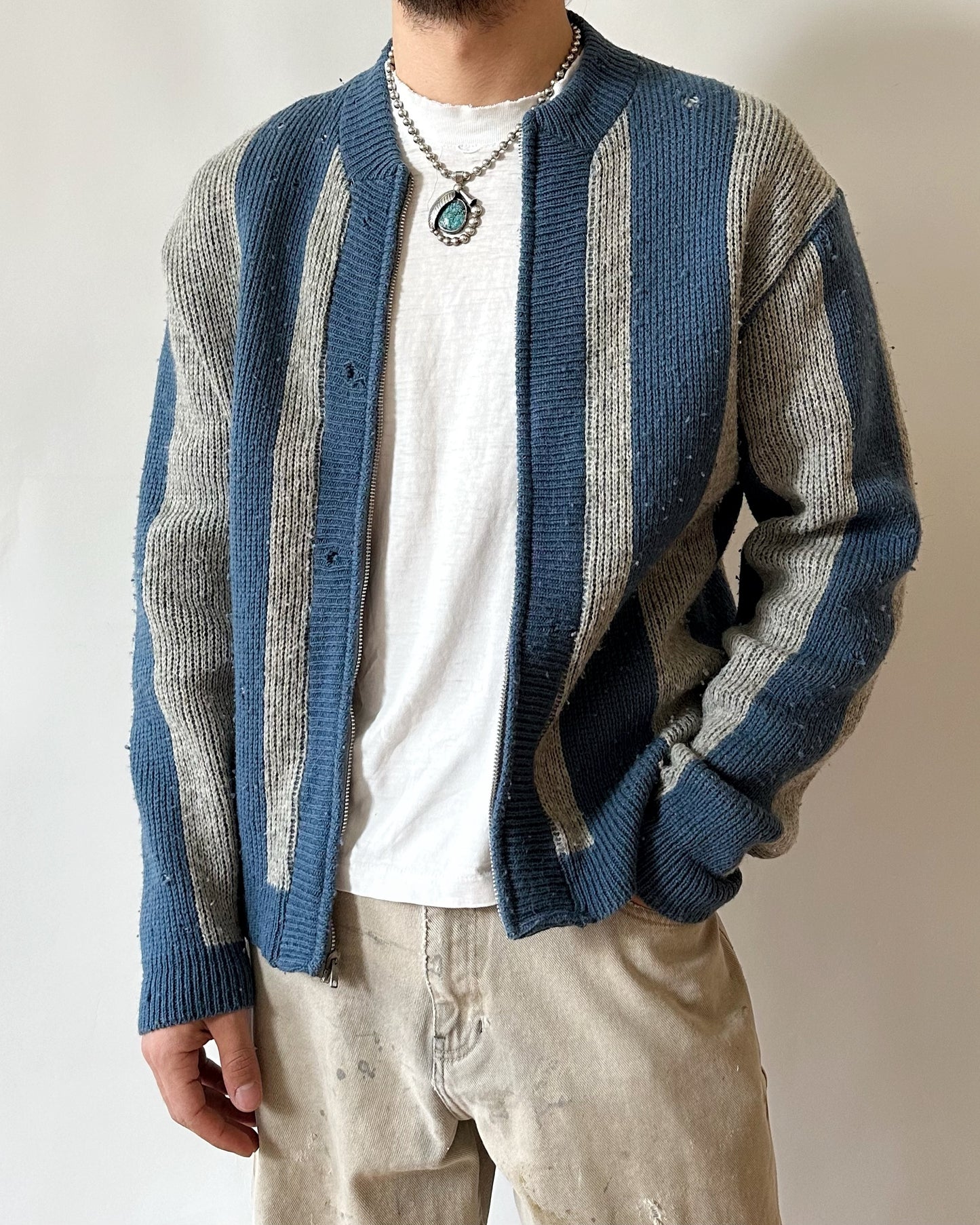 1960s - Distressed Blue/Grey Striped Zip Sweater - M