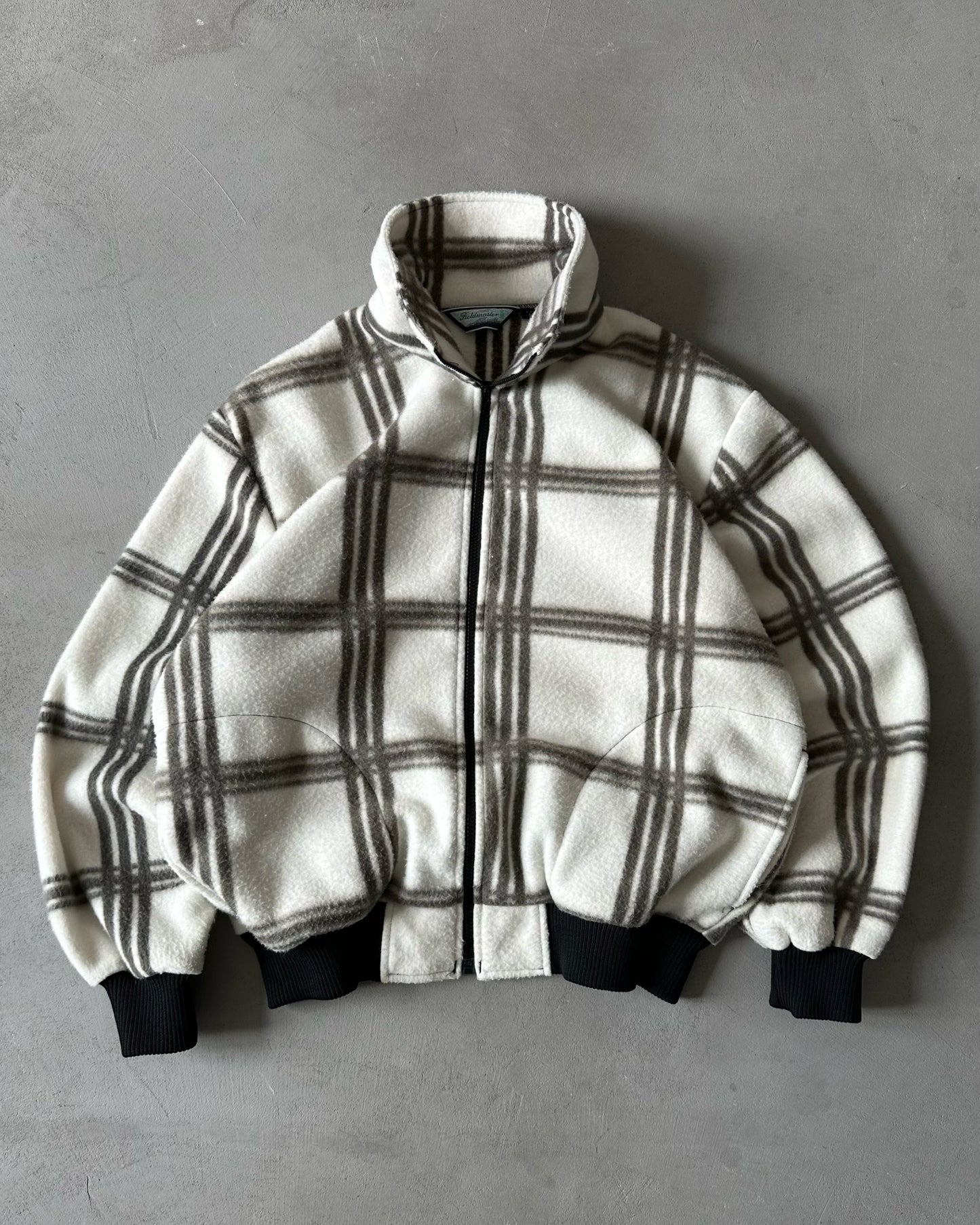 1990s - Cream/Brown Plaid Zip Up Fleece - L