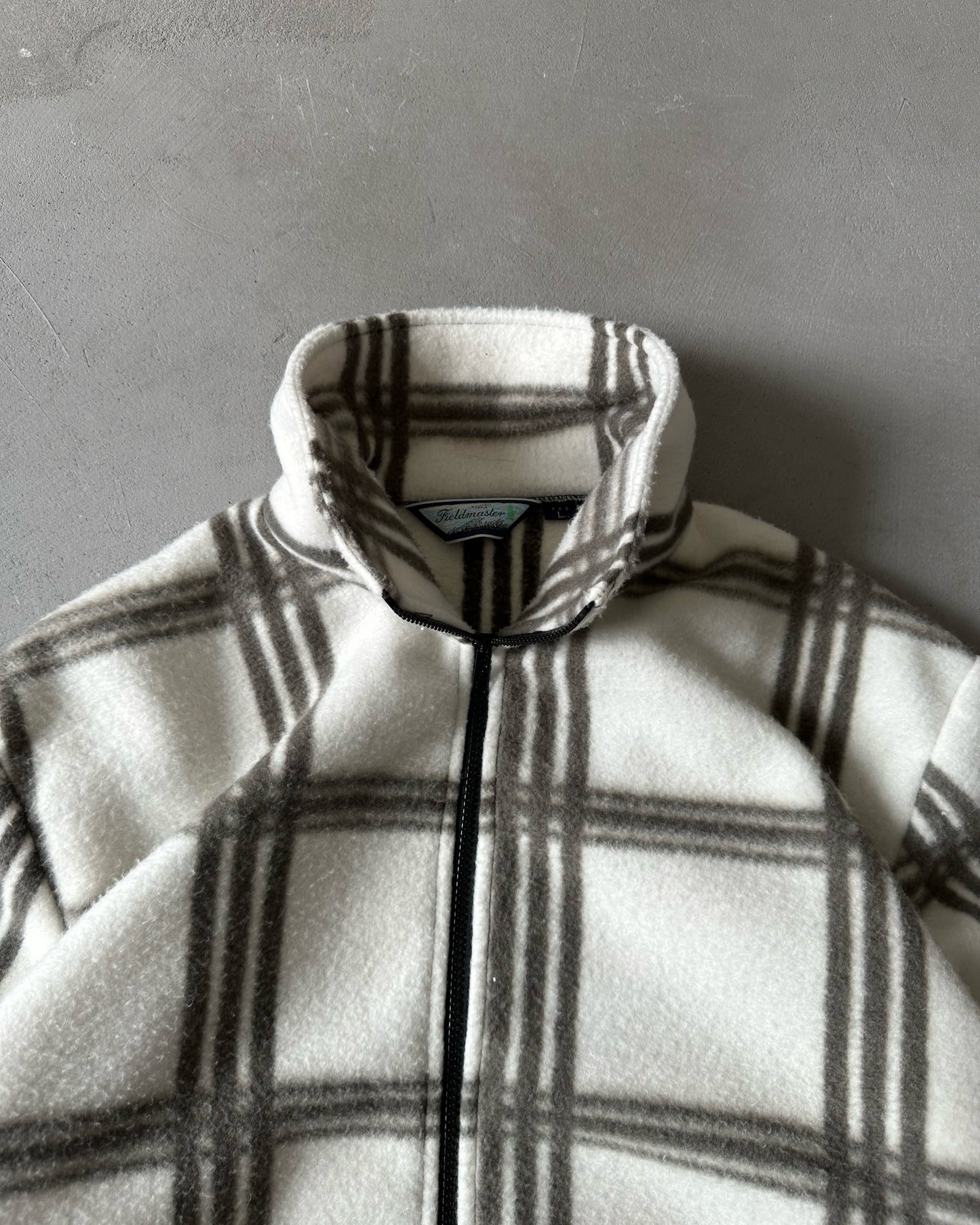 1990s - Cream/Brown Plaid Zip Up Fleece - L