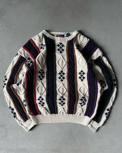 1990s - Cream/Navy Cableknit Cotton Sweater - M